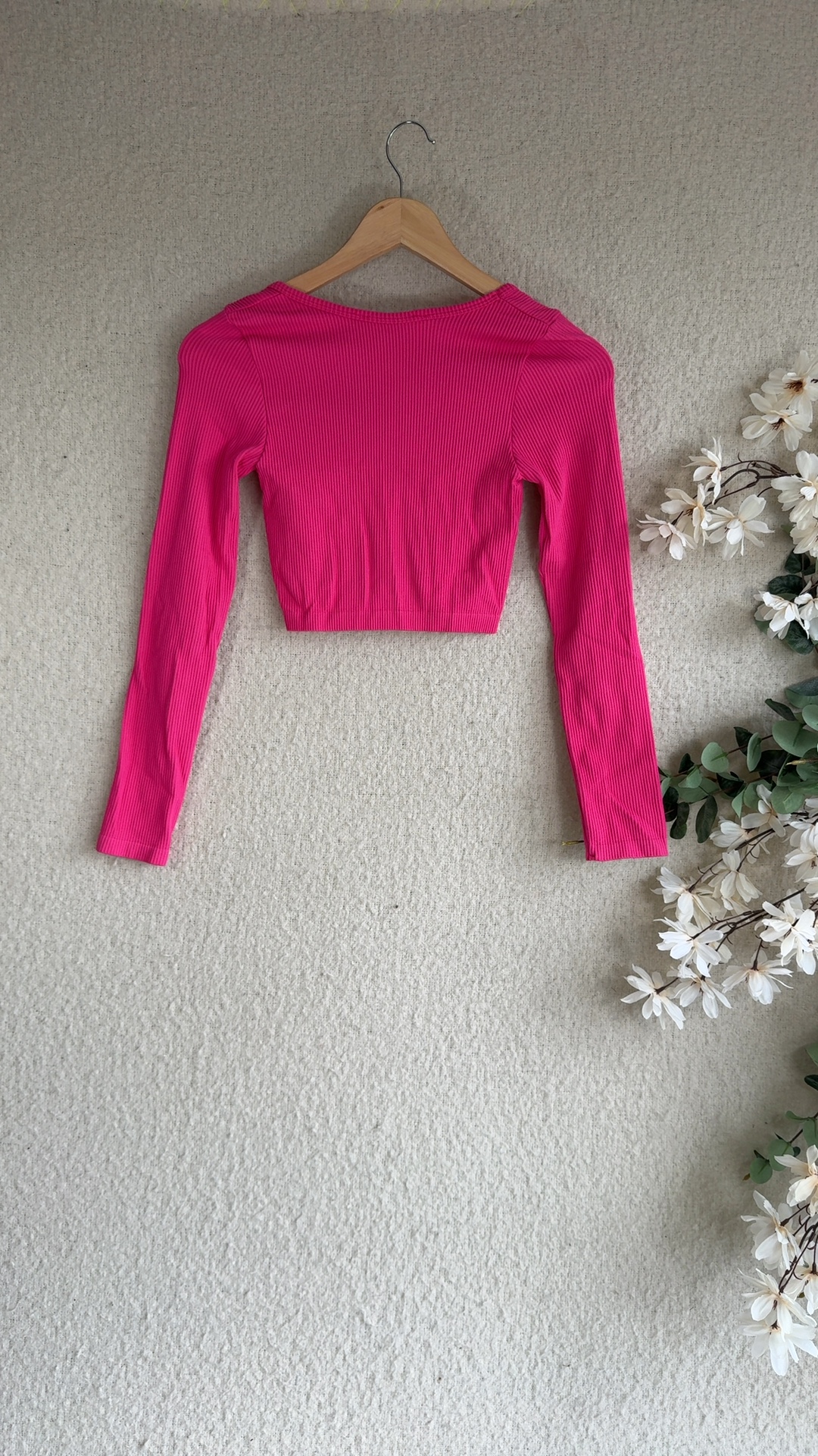 Stradivarius Pink Ribbed Long Sleeve Crop Top UK Medium Casual Chic image 4