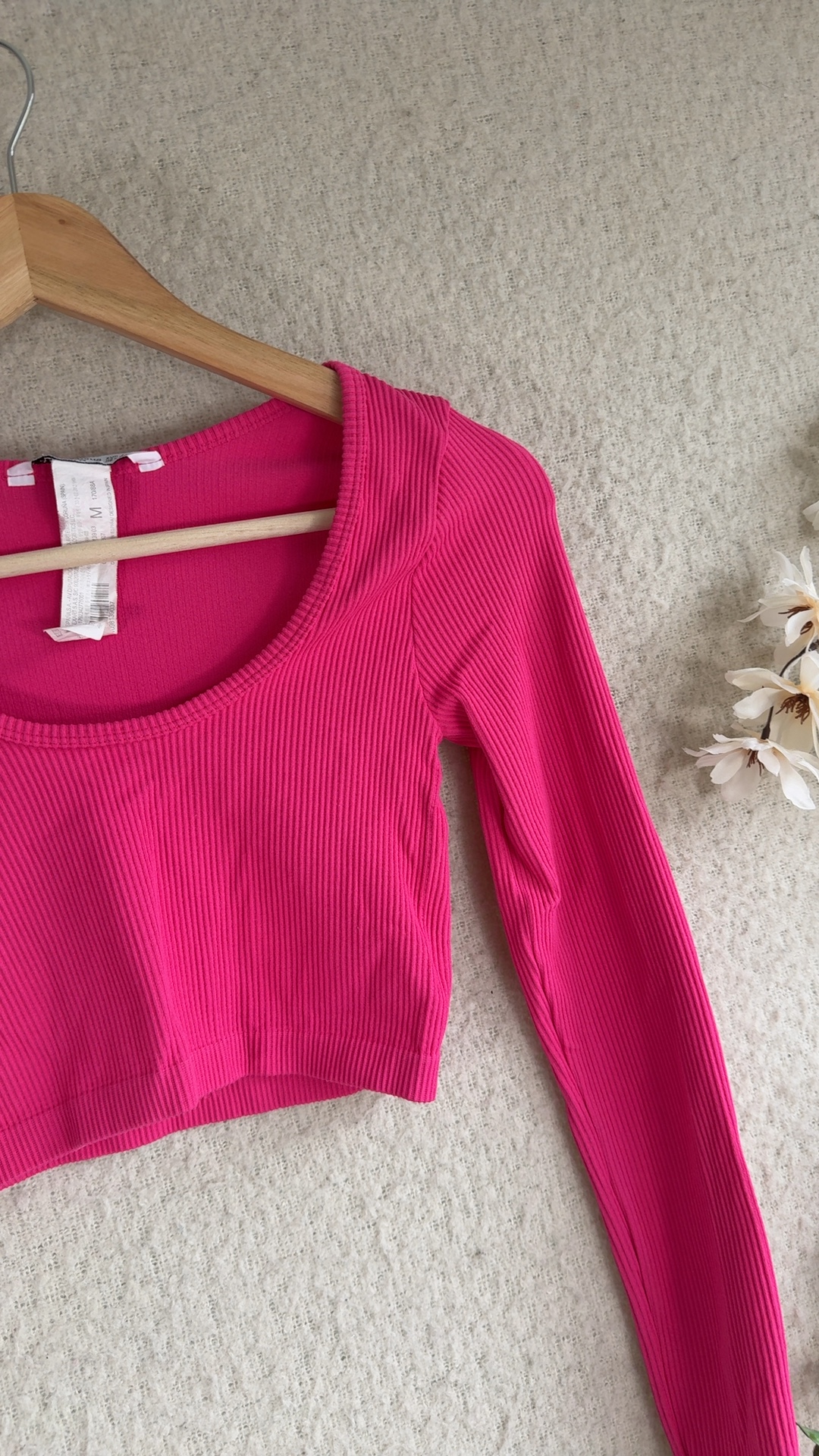 Stradivarius Pink Ribbed Long Sleeve Crop Top UK Medium Casual Chic image 2