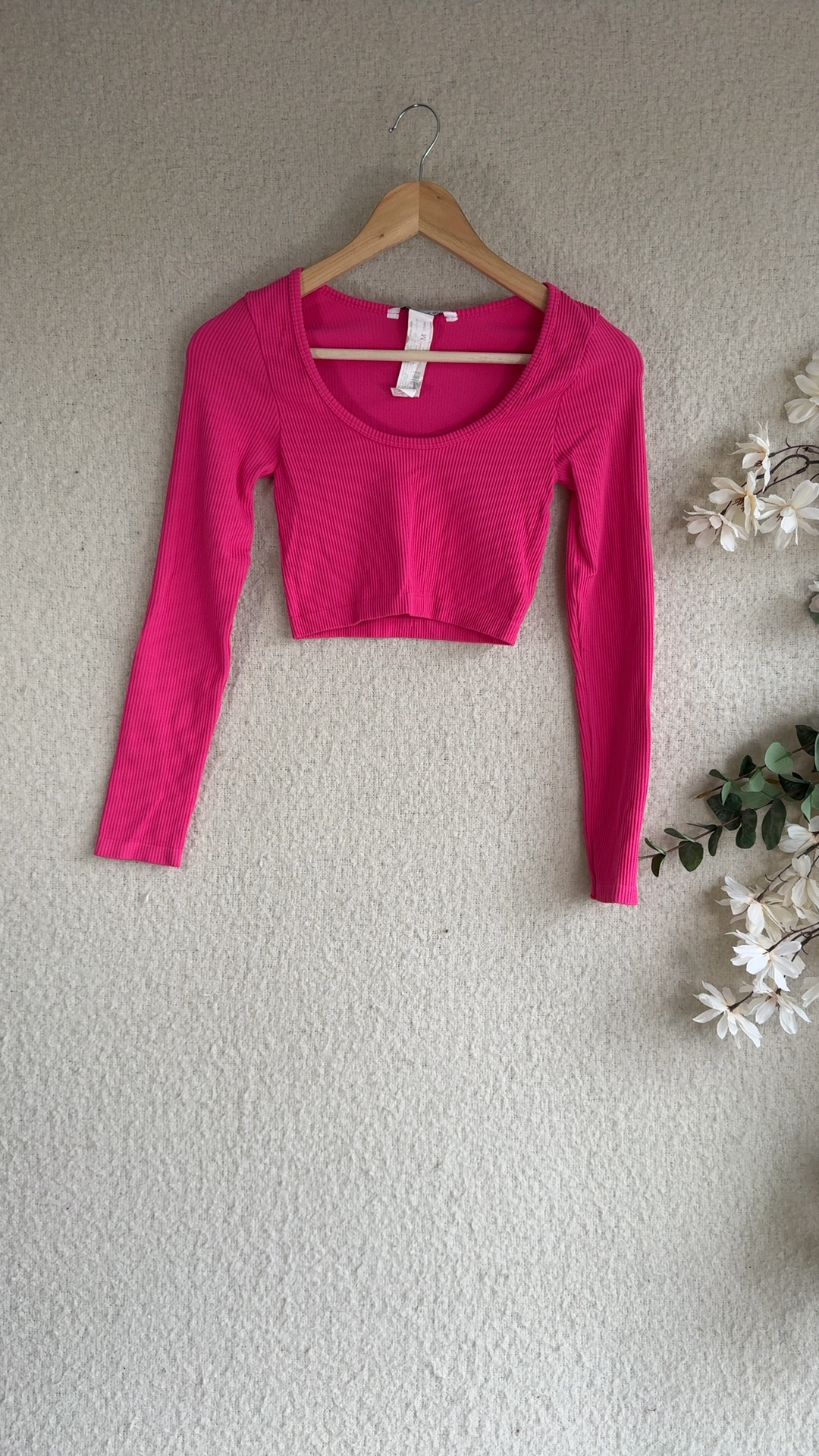 Stradivarius Pink Ribbed Long Sleeve Crop Top UK Medium Casual Chic