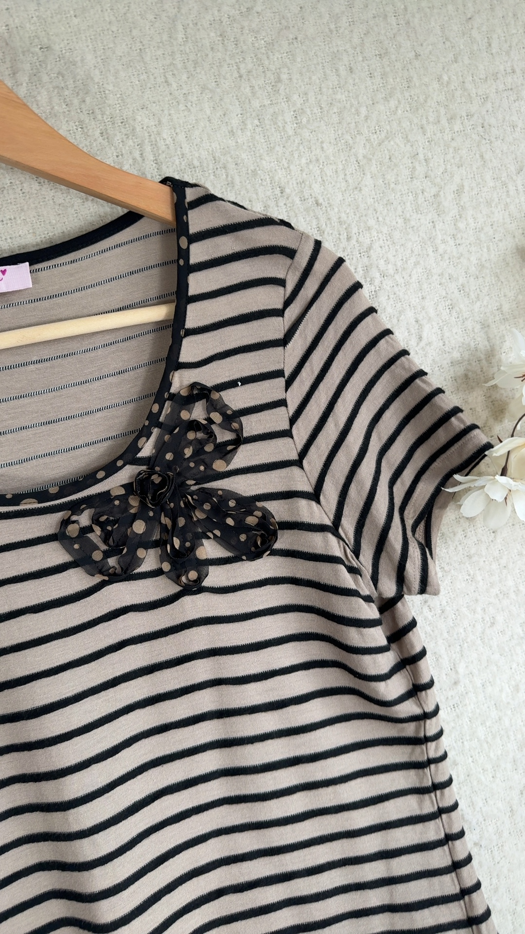 Per Una Beige & Black Striped Knit Top UK 12 Polka Dot Detail Stylish image 2