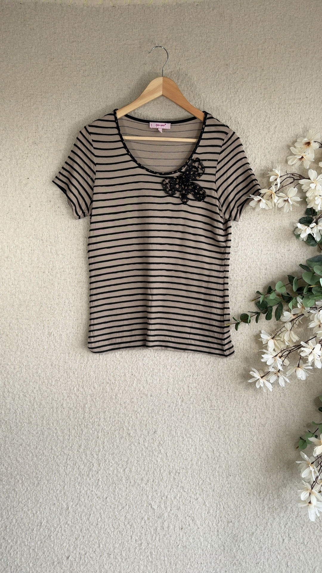 Per Una Beige & Black Striped Knit Top UK 12 Polka Dot Detail Stylish