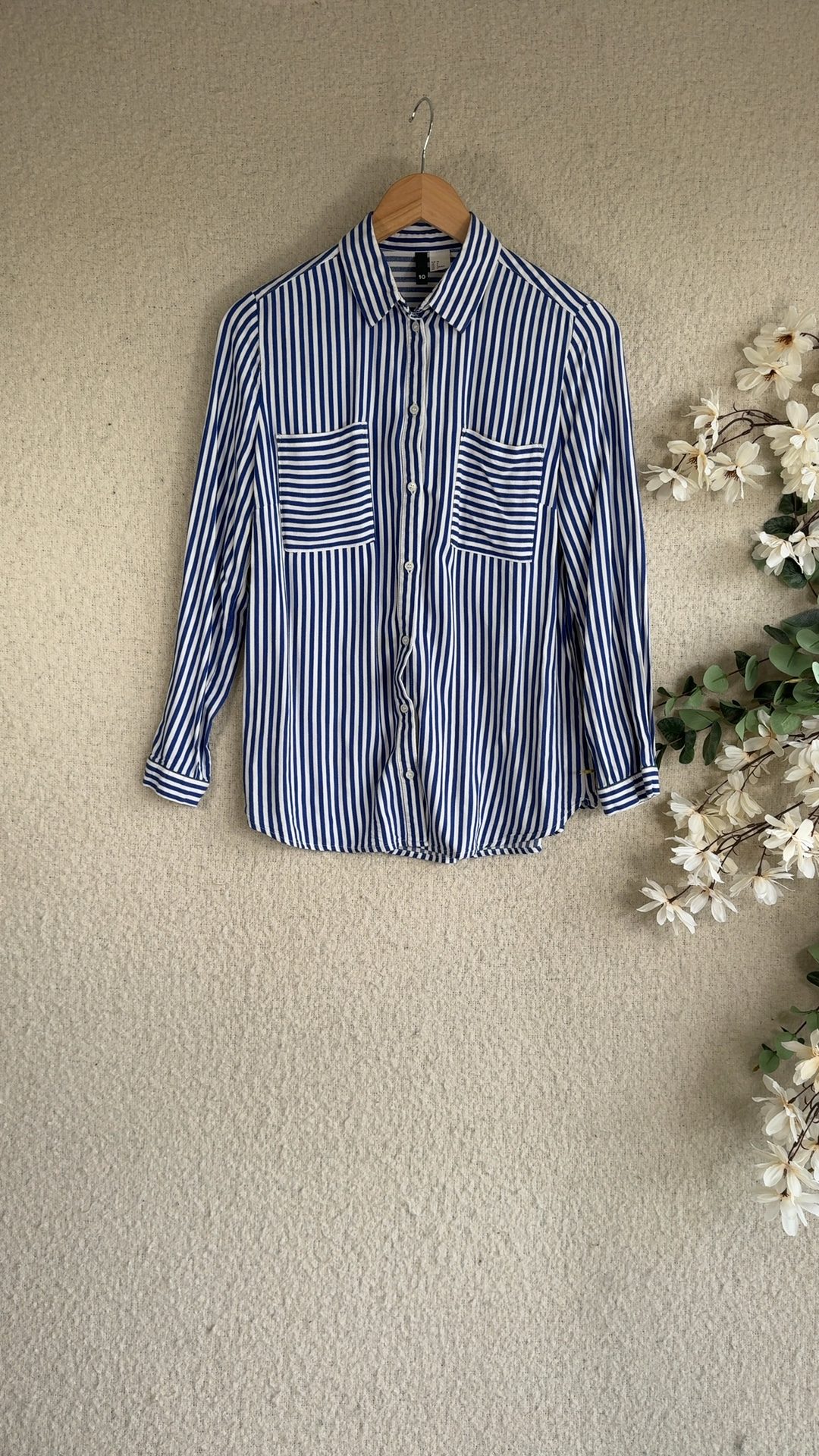 Blue & White Striped Shirt Blouse UK 10 Classic Button Down Relaxed Fit