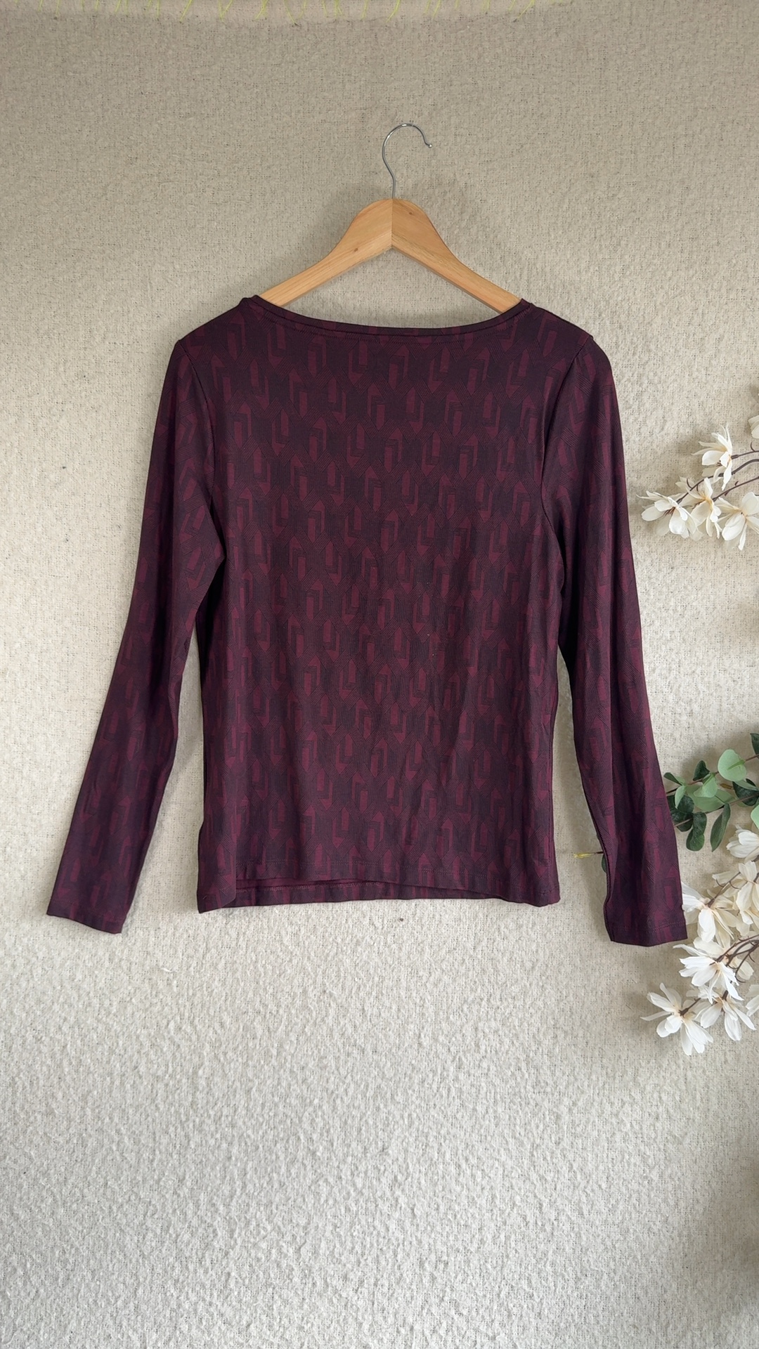 Tu Burgundy Slim Fit Long Sleeve Top UK 14 Geometric Pattern Stylish image 4