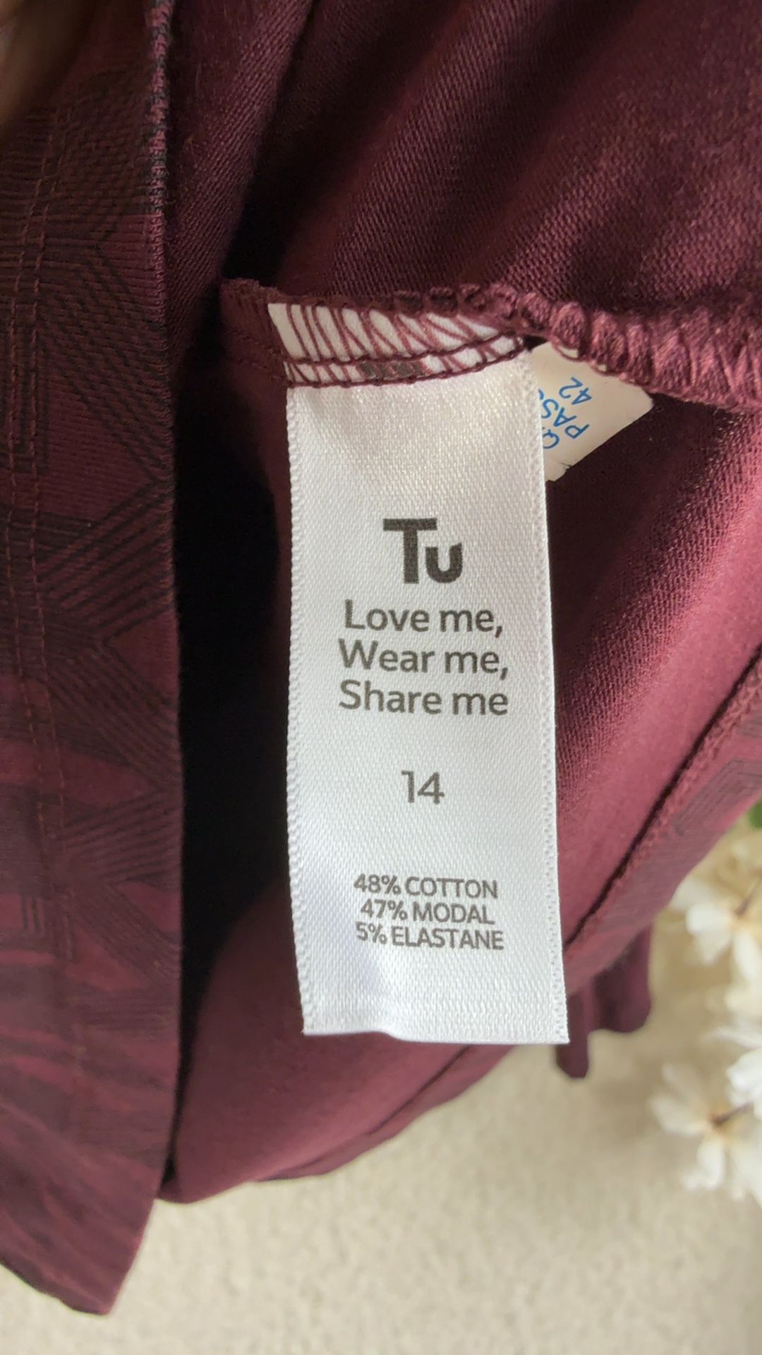Tu Burgundy Slim Fit Long Sleeve Top UK 14 Geometric Pattern Stylish image 5