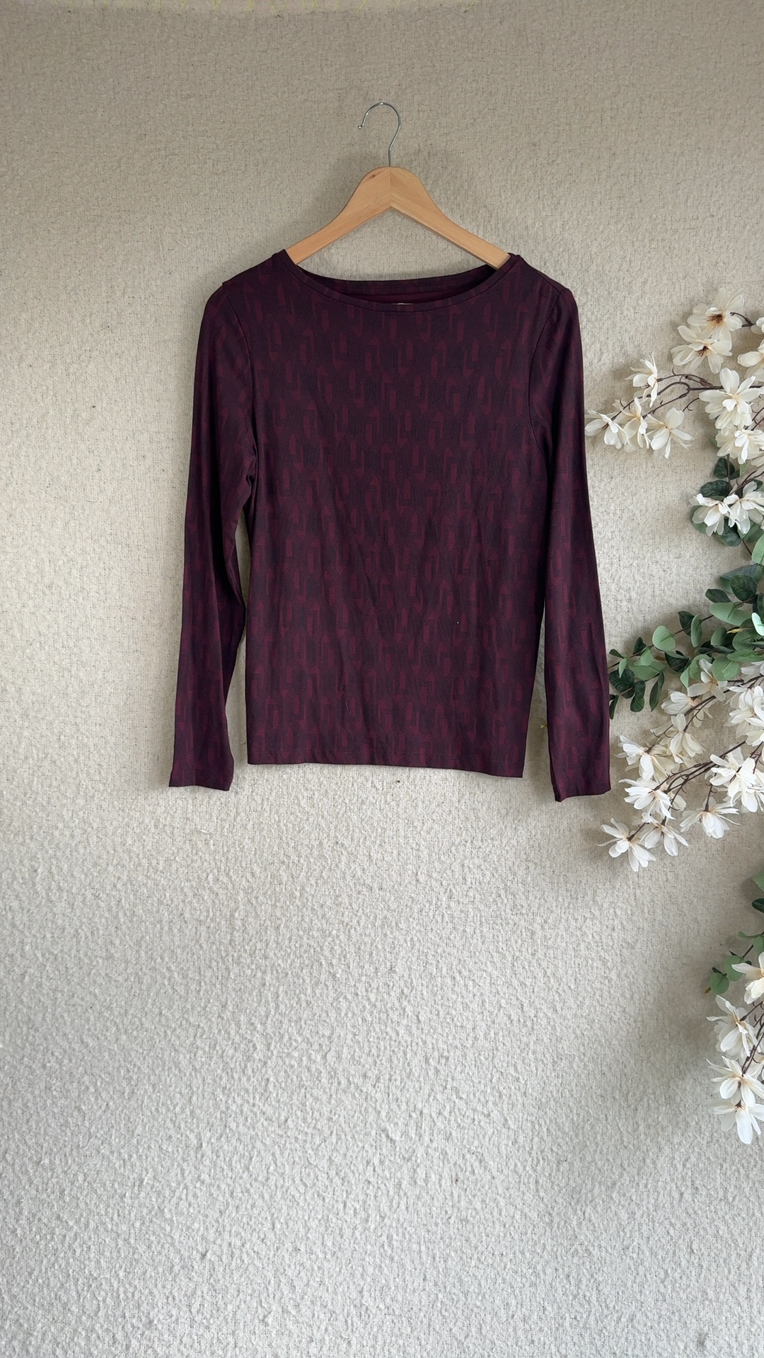 Tu Burgundy Slim Fit Long Sleeve Top UK 14 Geometric Pattern Stylish