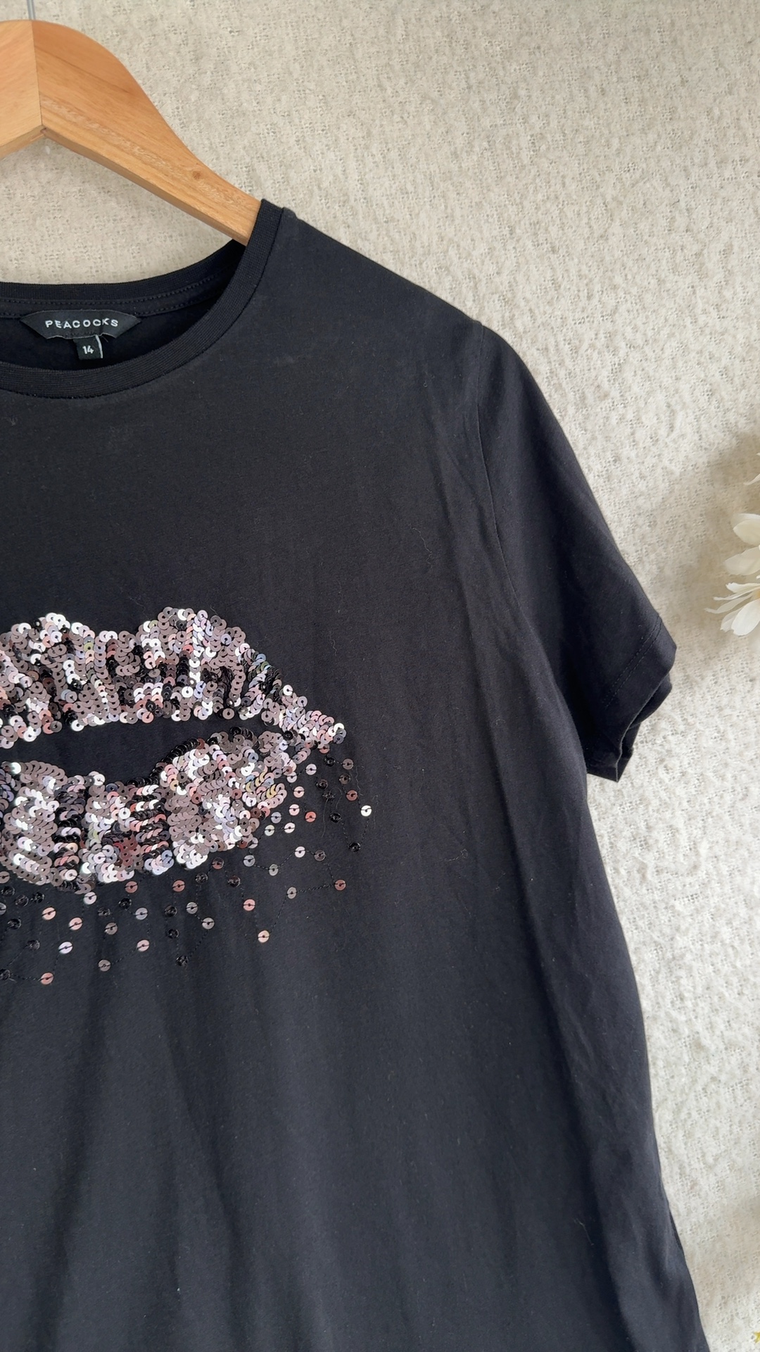 Peacocks Black Sequin Lip T-Shirt UK 14 Cotton Casual Stylish image 3