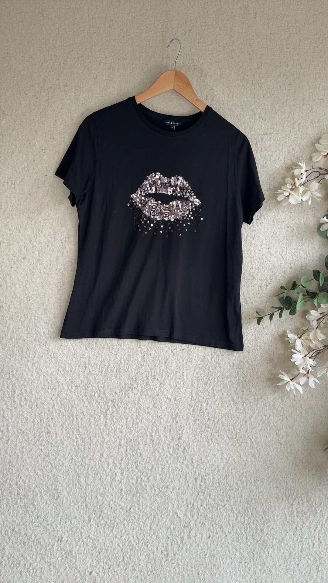 Peacocks Black Sequin Lip T-Shirt UK 14 Cotton Casual Stylish