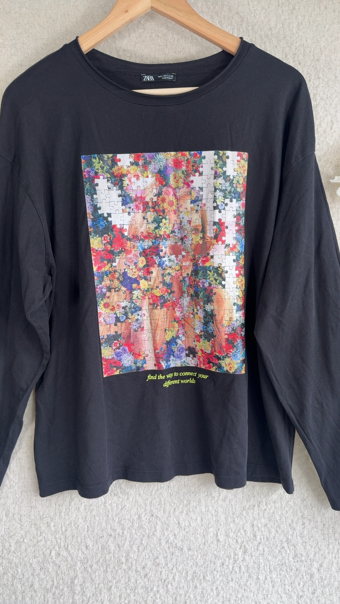 Zara Black Long Sleeve Printed Floral Puzzle Pattern T-Shirt UK Large image 3