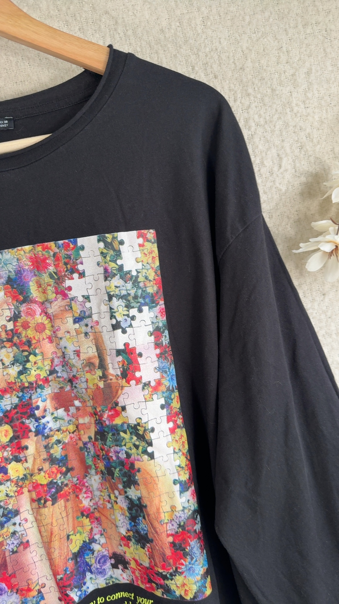 Zara Black Long Sleeve Printed Floral Puzzle Pattern T-Shirt UK Large image 6