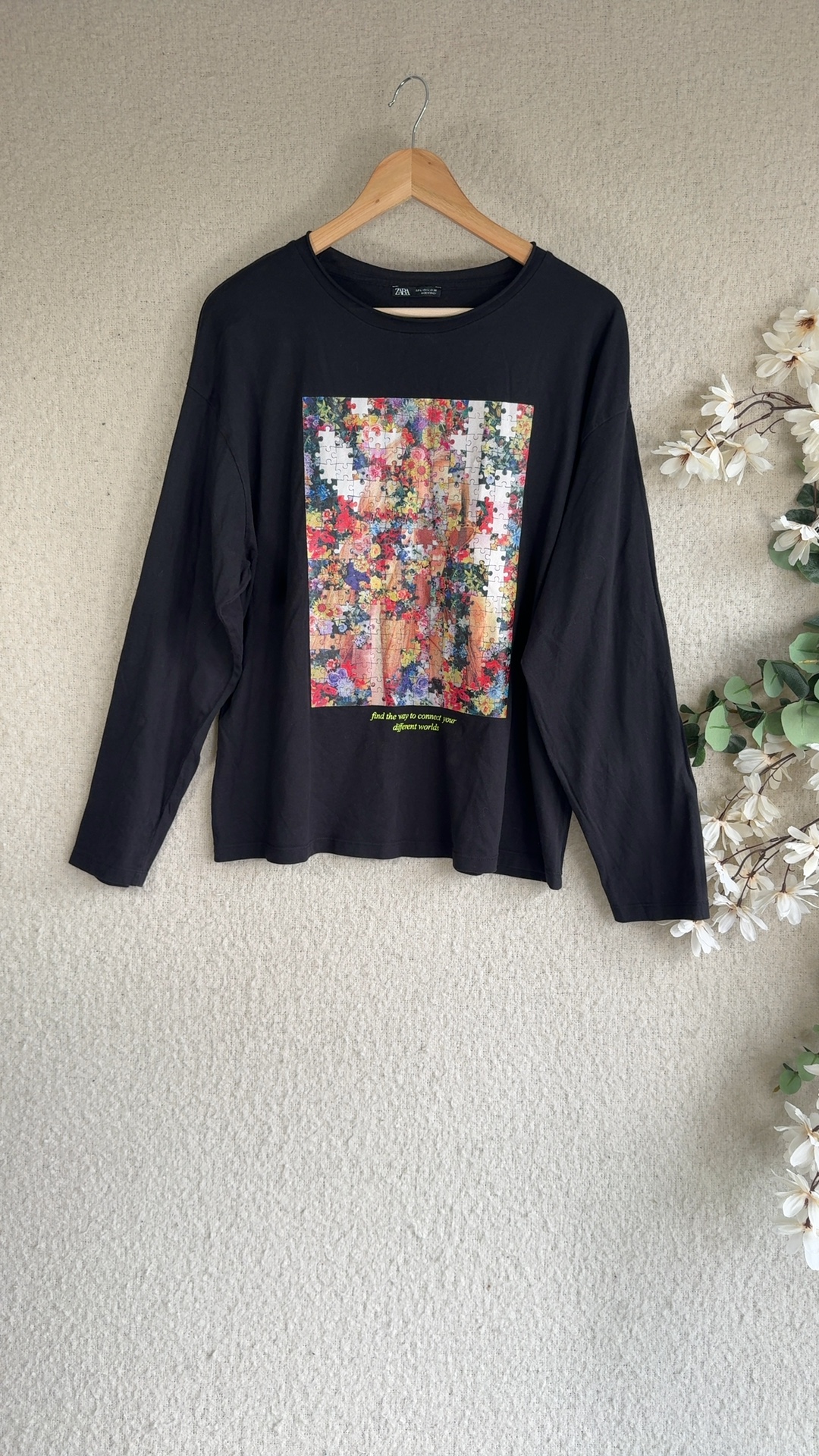 Zara Black Long Sleeve Printed Floral Puzzle Pattern T-Shirt UK Large