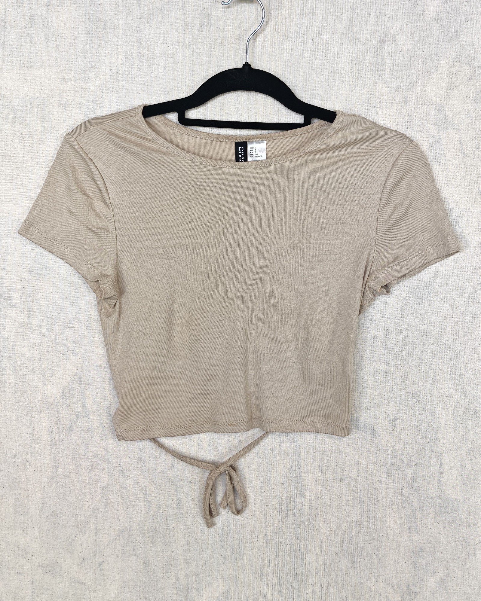H&M Beige Ribbed Tie-Front Crop Top Small