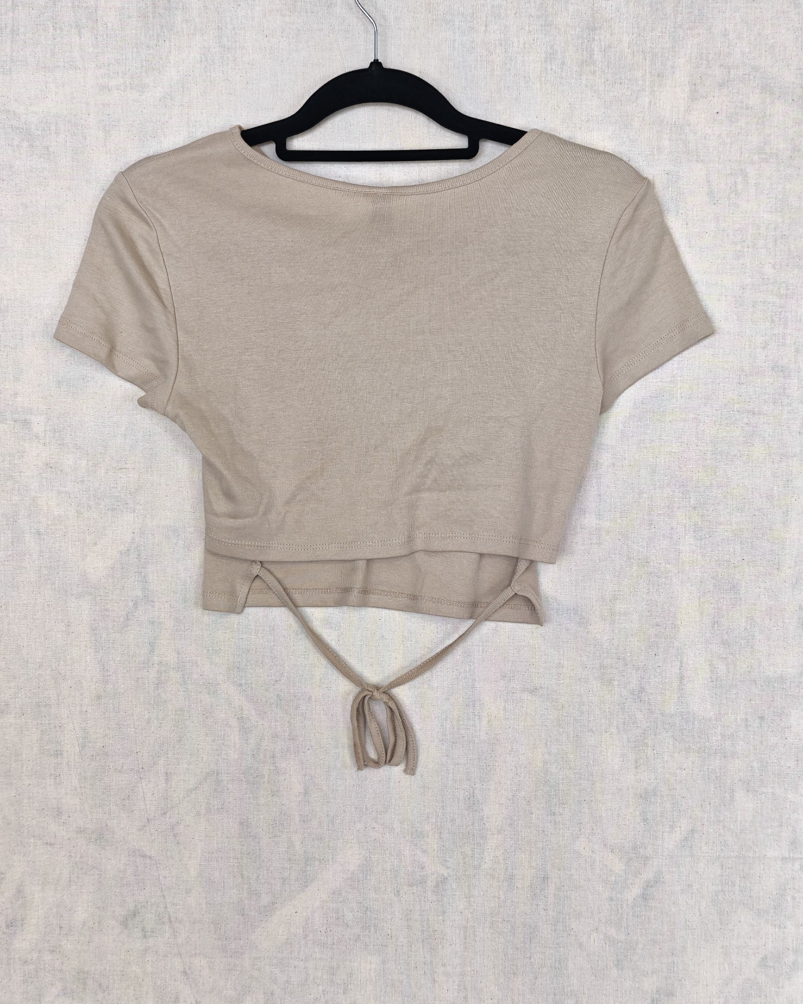 H&M Beige Ribbed Tie-Front Crop Top Small image 4
