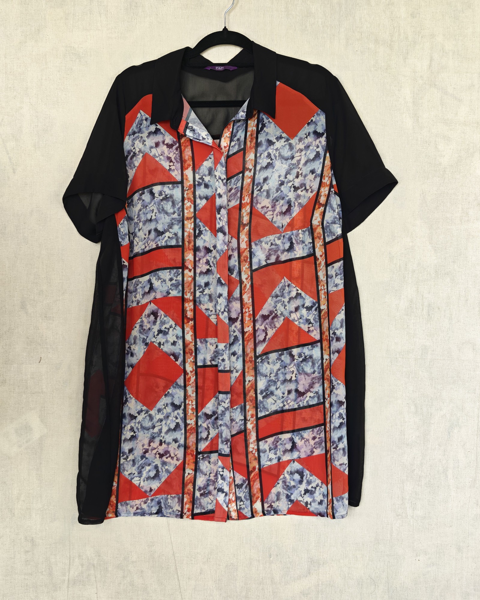F&F Black & Red Patterned Short Sleeve Shirt Dress UK 16