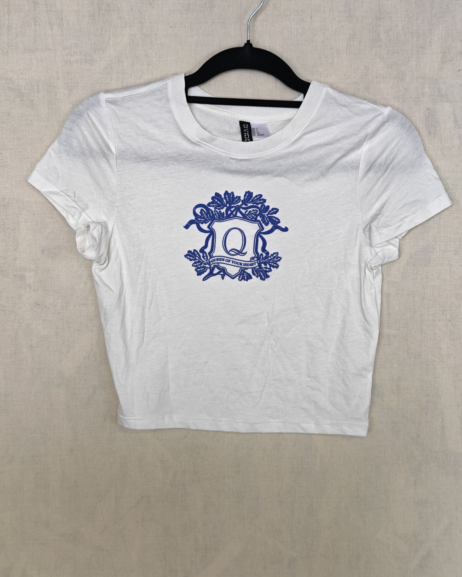 H&M White Cropped T-Shirt Small Blue Print