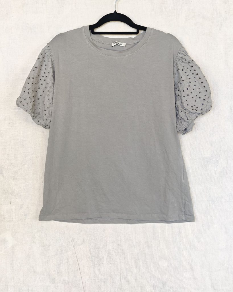Misumi Grey Cotton & Elastane Top with Eyelet Puff Sleeves Medium