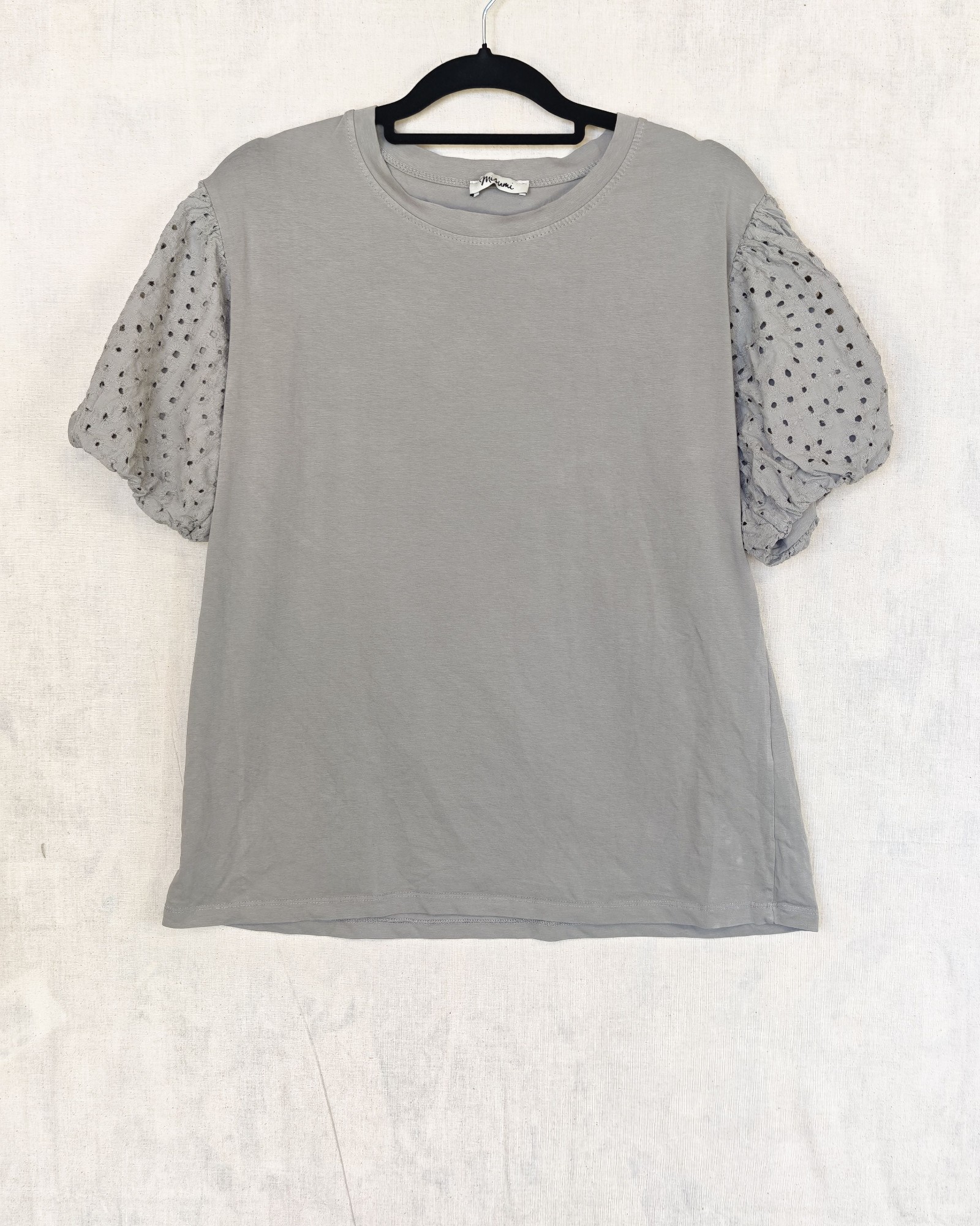 Misumi Grey Cotton & Elastane Top with Eyelet Puff Sleeves Medium