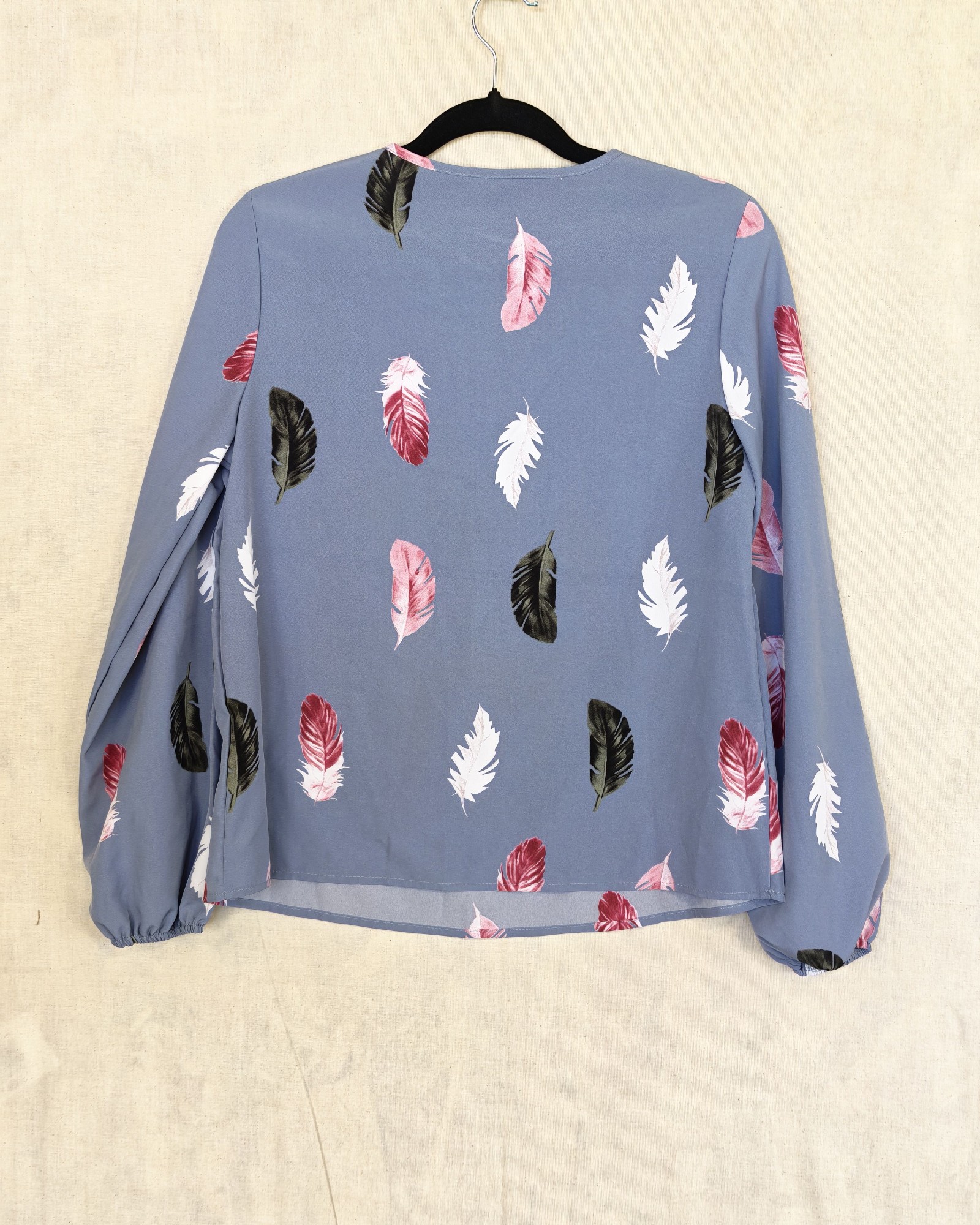 Shein Blue Feather Print Blouse Small 100% Polyester image 2