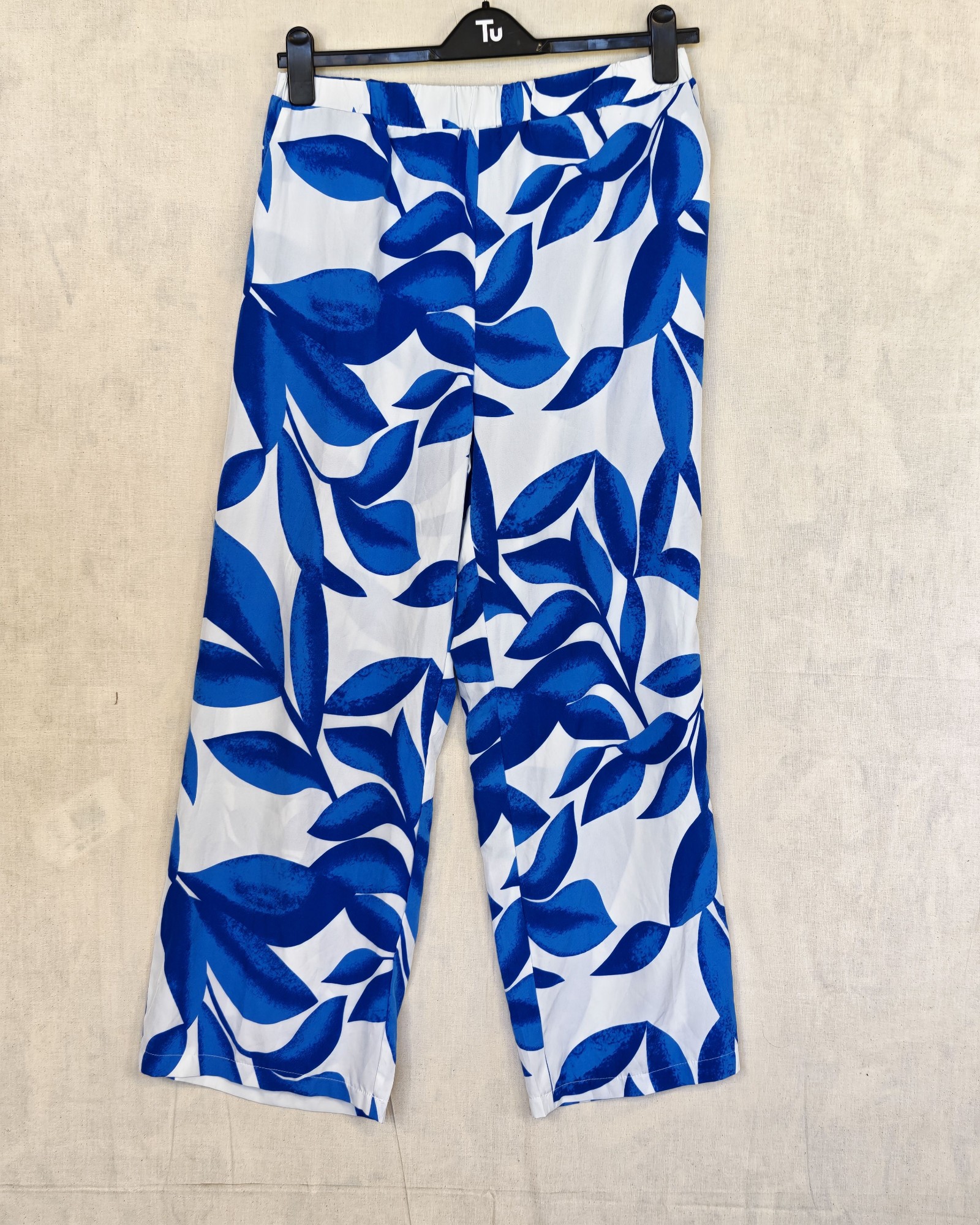 Shein Blue & White Leaf Print Wide Leg Trousers XL 44 US 12