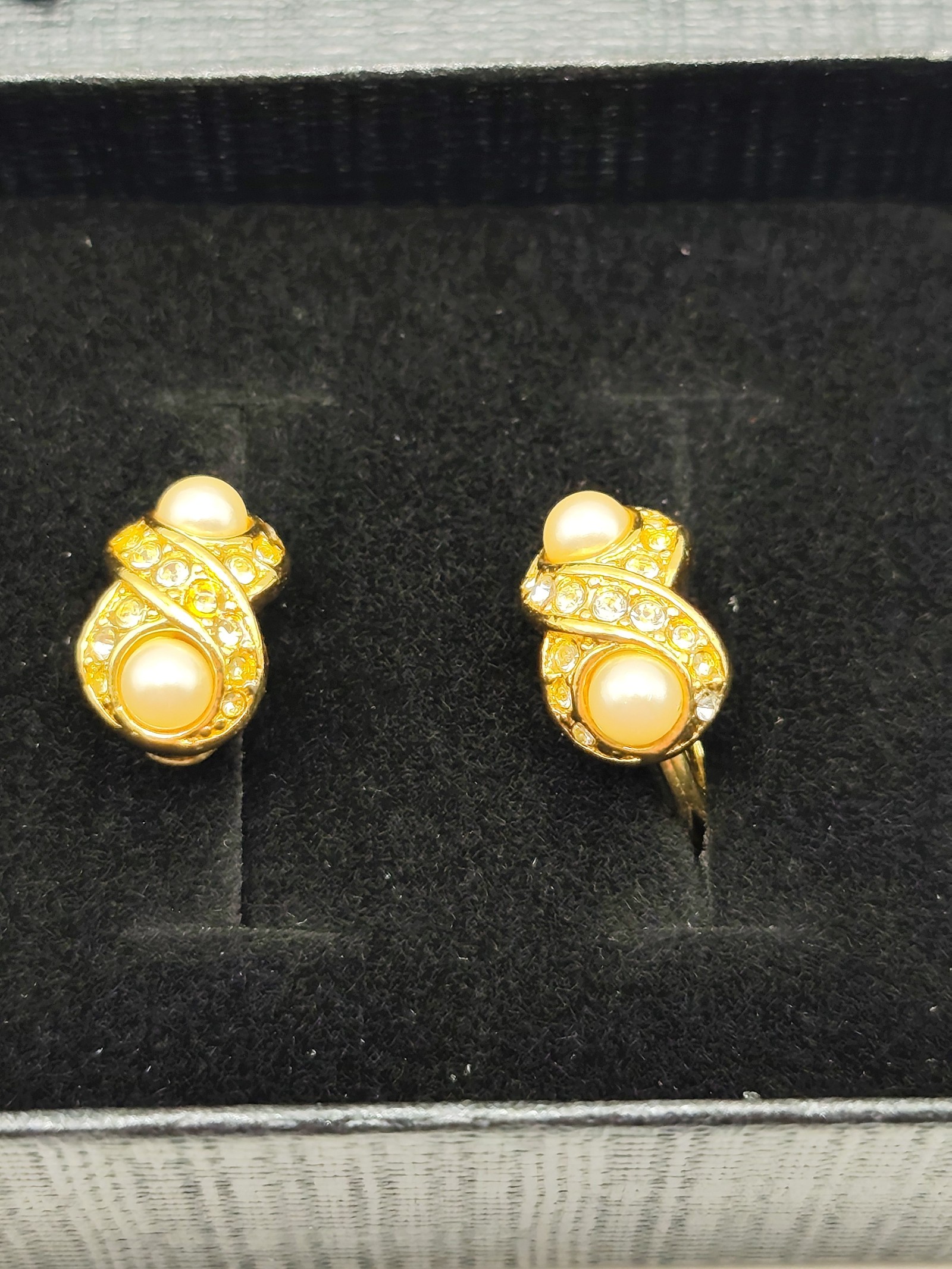Monet Gold Tone Pearl & Crystal Clip On Earrings image 2