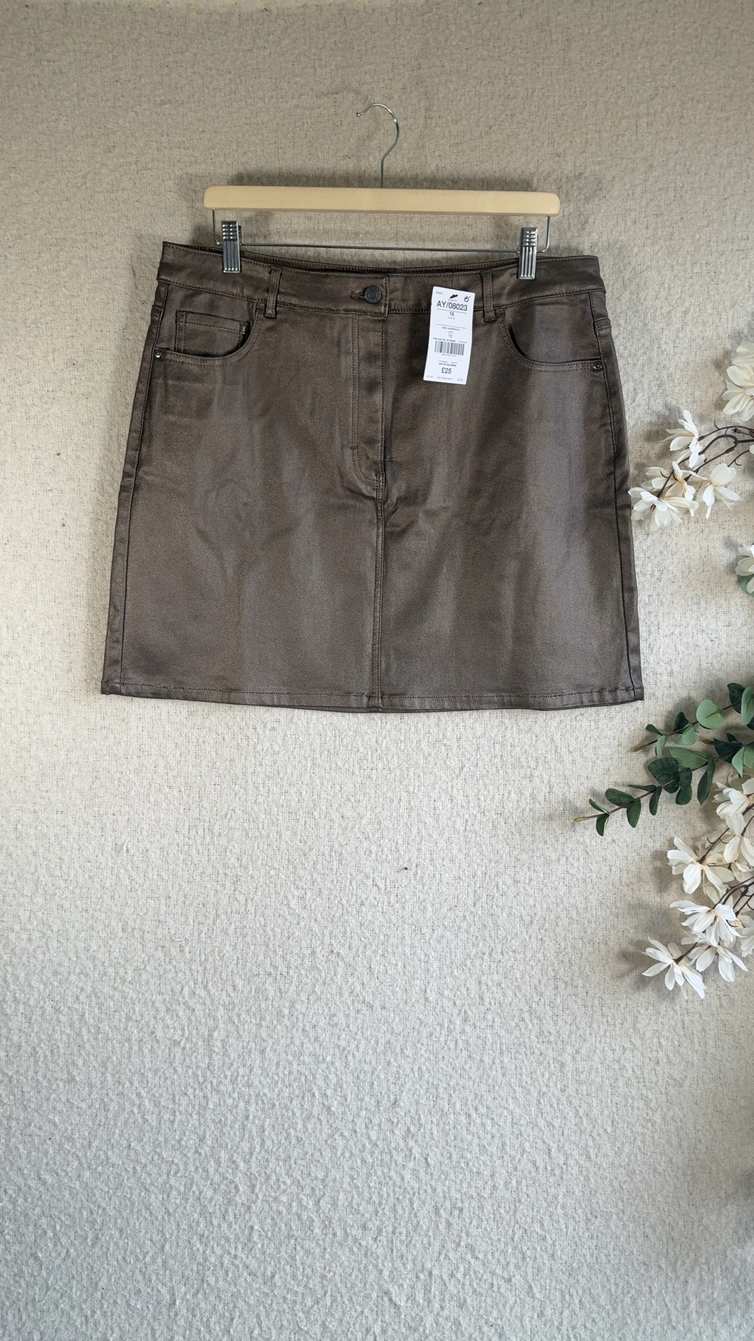 Next Brown Coated Denim Skirt UK 18 Stylish Pocket Detail Casual Chic
