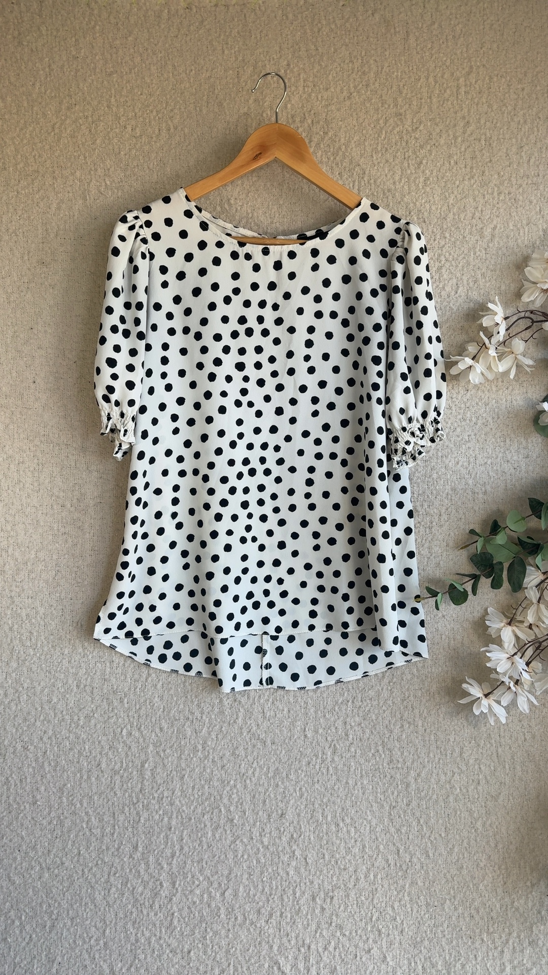 Dorothy Perkins White & Black Polka Dot Blouse UK 16 Elegant Puff Sleeve Top
