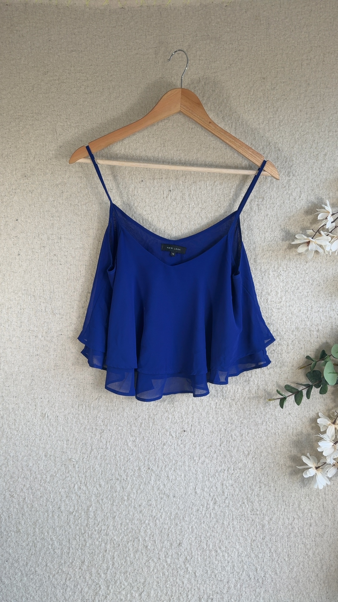 New Look Royal Blue Spaghetti Strap Flowy Crop Top UK 10 Sheer Chiffon