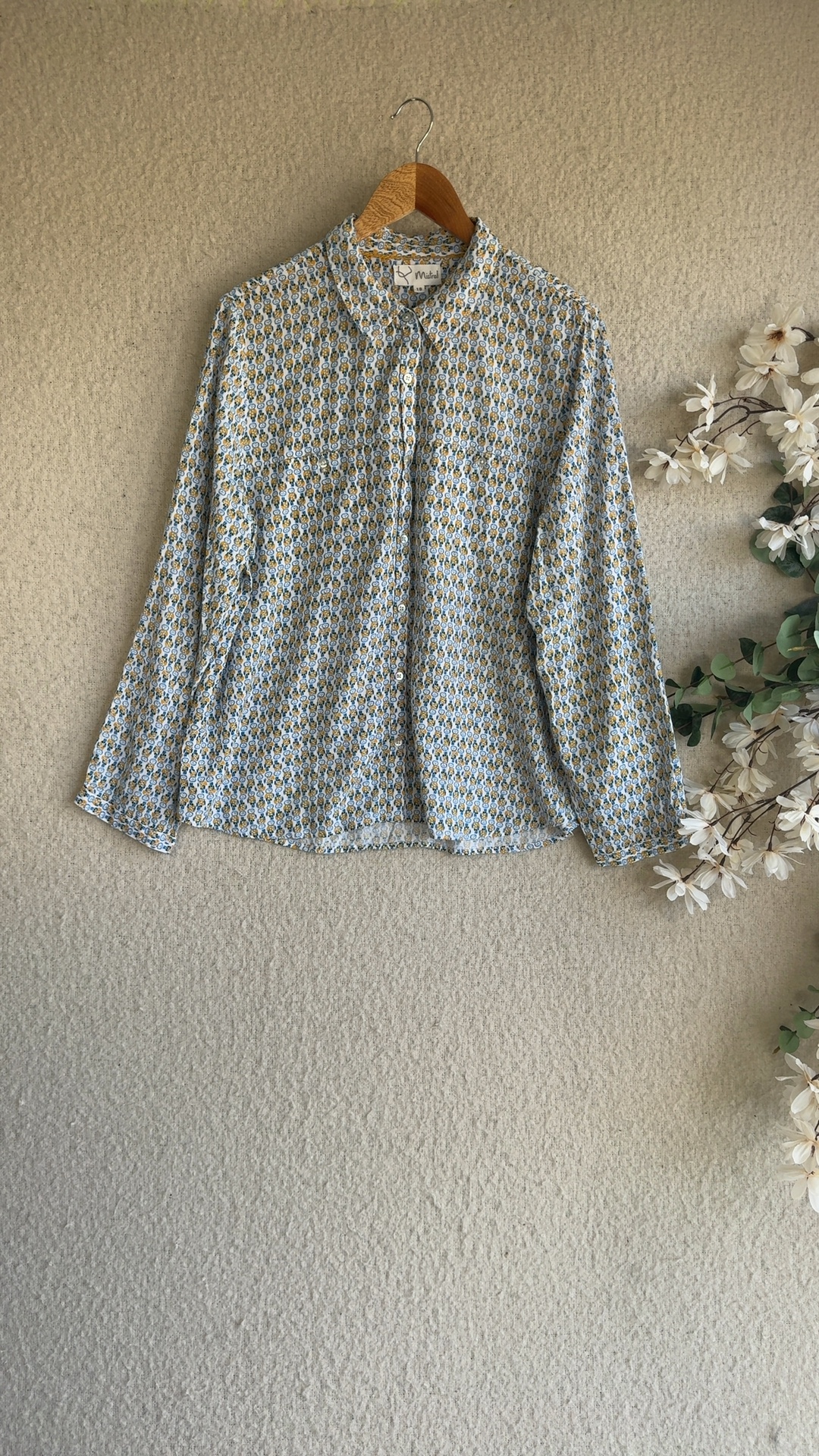 Mistral Yellow & Blue Printed Viscose Shirt UK 18 Lightweight Blouse