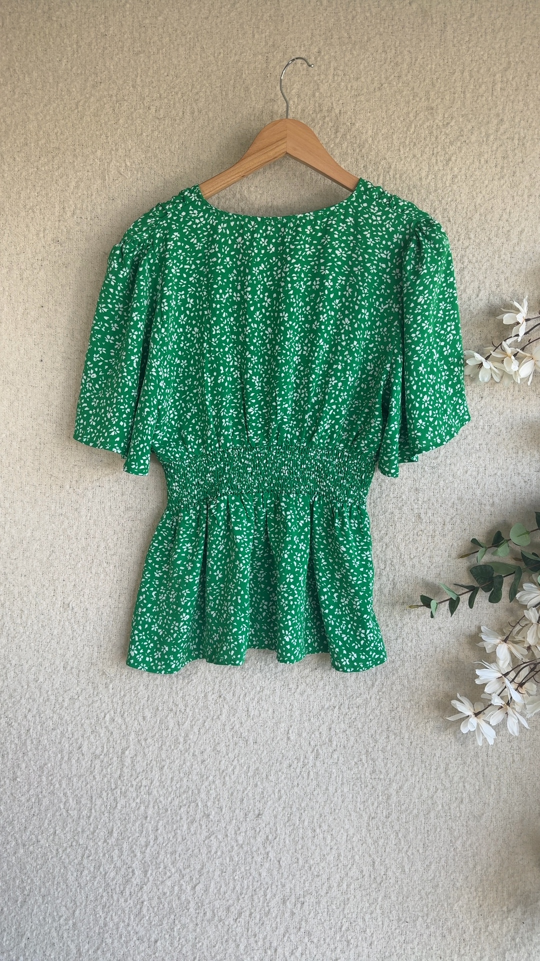 Shein Green & White Floral Print Peplum Waist Blouse UK Large Summer Top image 4