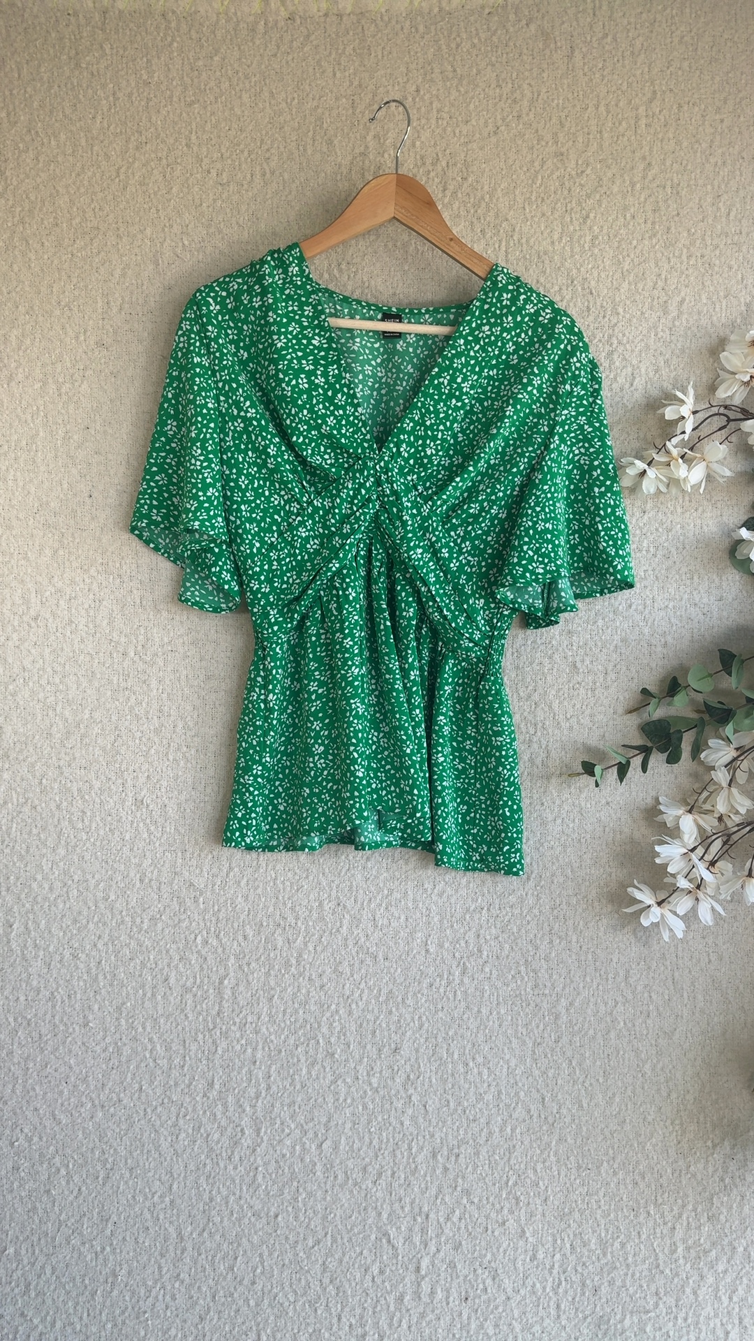 Shein Green & White Floral Print Peplum Waist Blouse UK Large Summer Top
