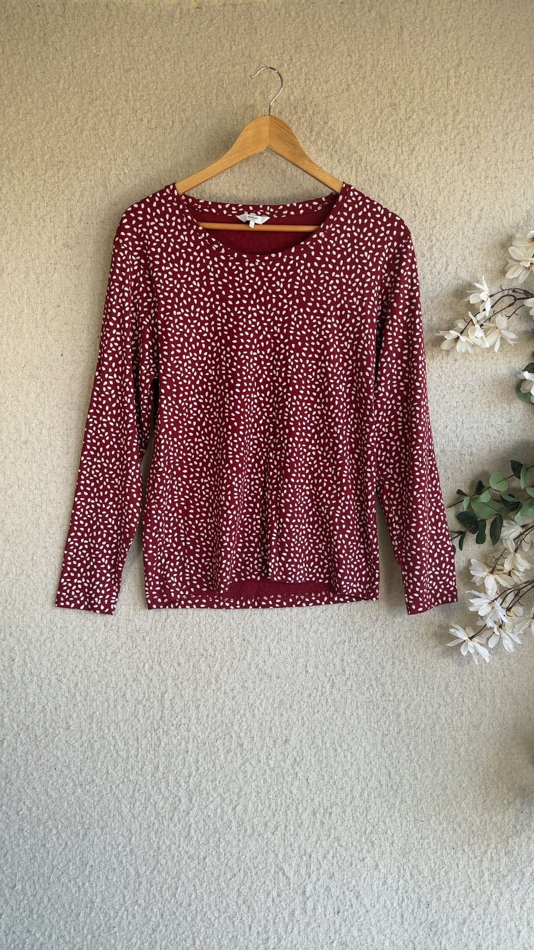 Cotton Traders Rusty Red & White Print Long Sleeve Top UK 16 Relaxed Fit