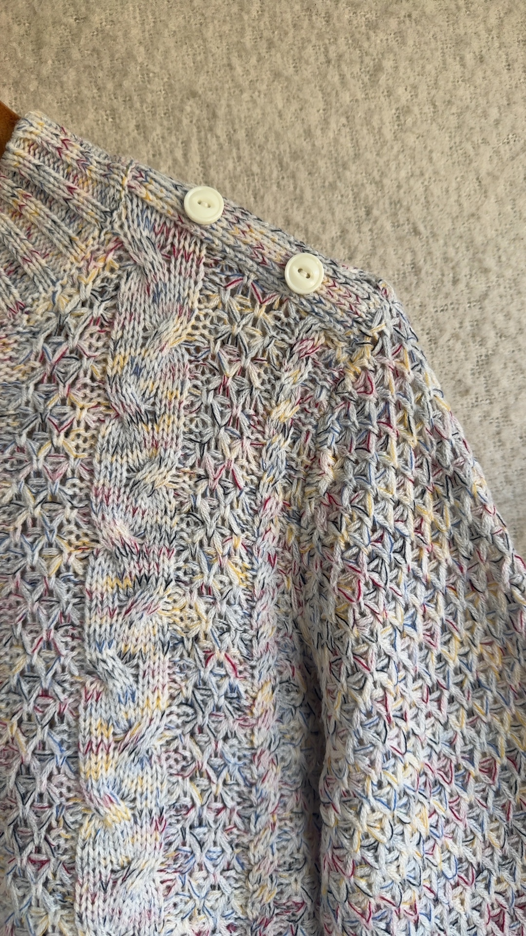 Multicolour Cable Knit Sweater UK 14 Light Acrylic Button Shoulder Detail image 3