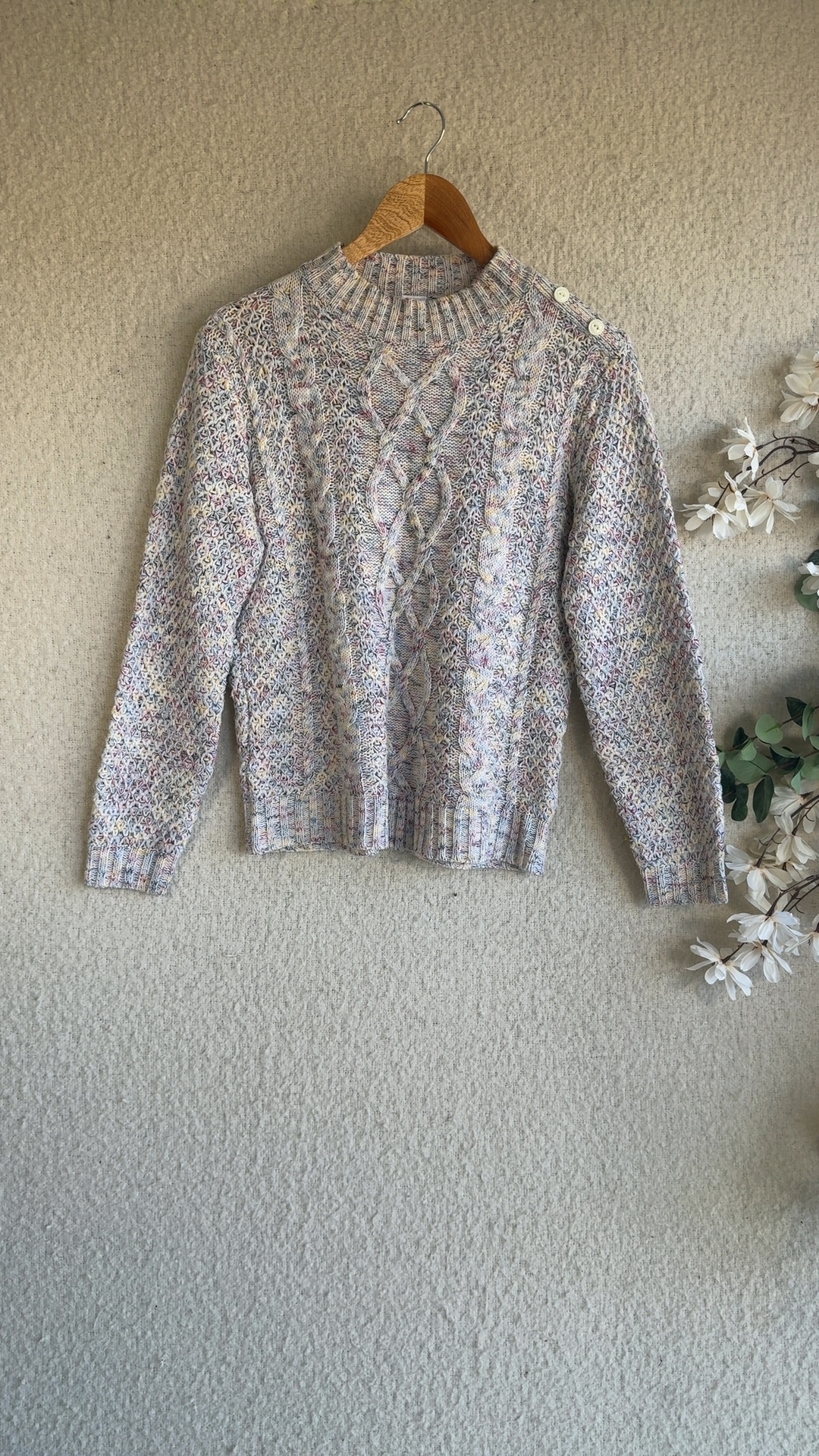 Multicolour Cable Knit Sweater UK 14 Light Acrylic Button Shoulder Detail