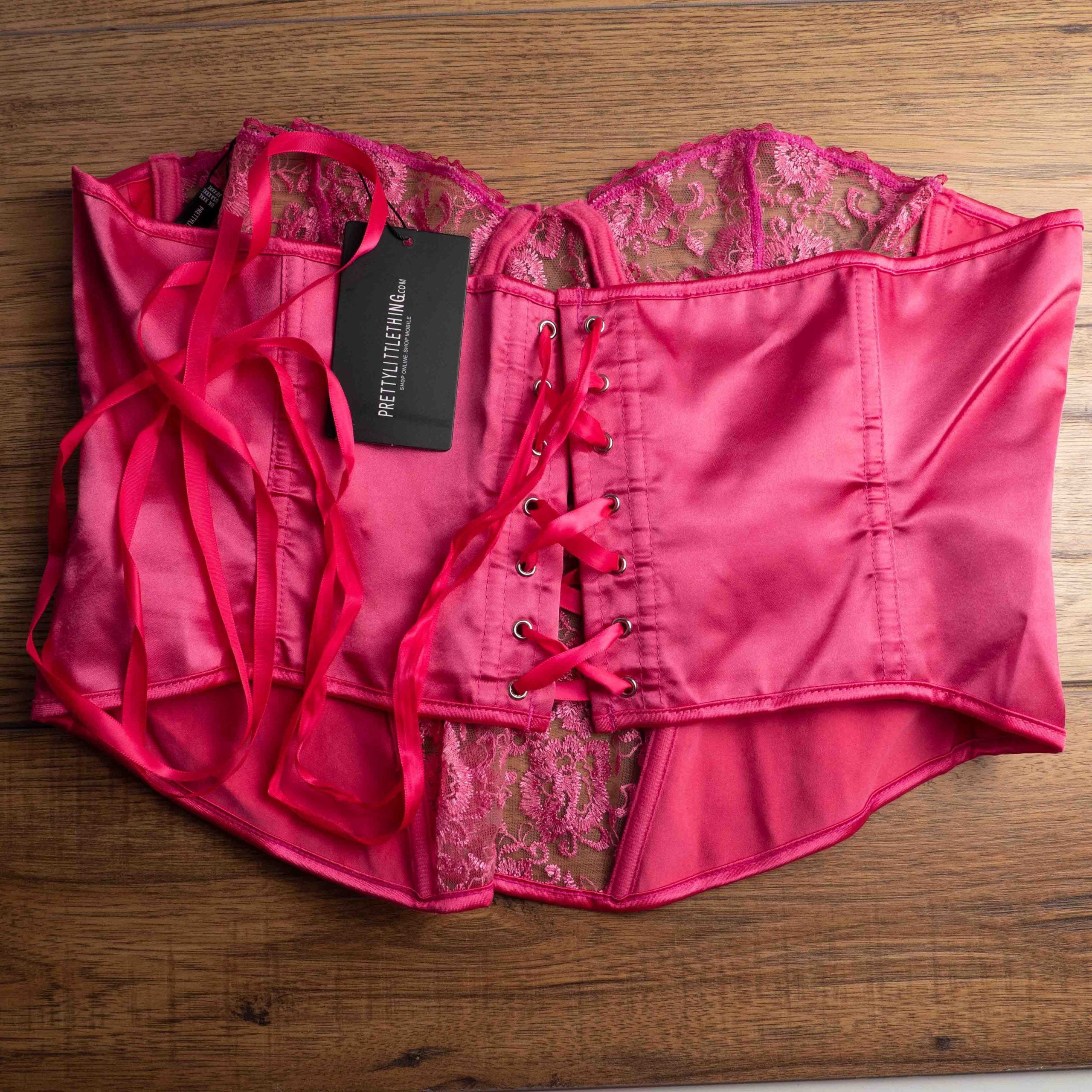 PrettyLittleThing Bustier Corset Top Pink Lace & Satin UK XXXL Pre-Owned image 5