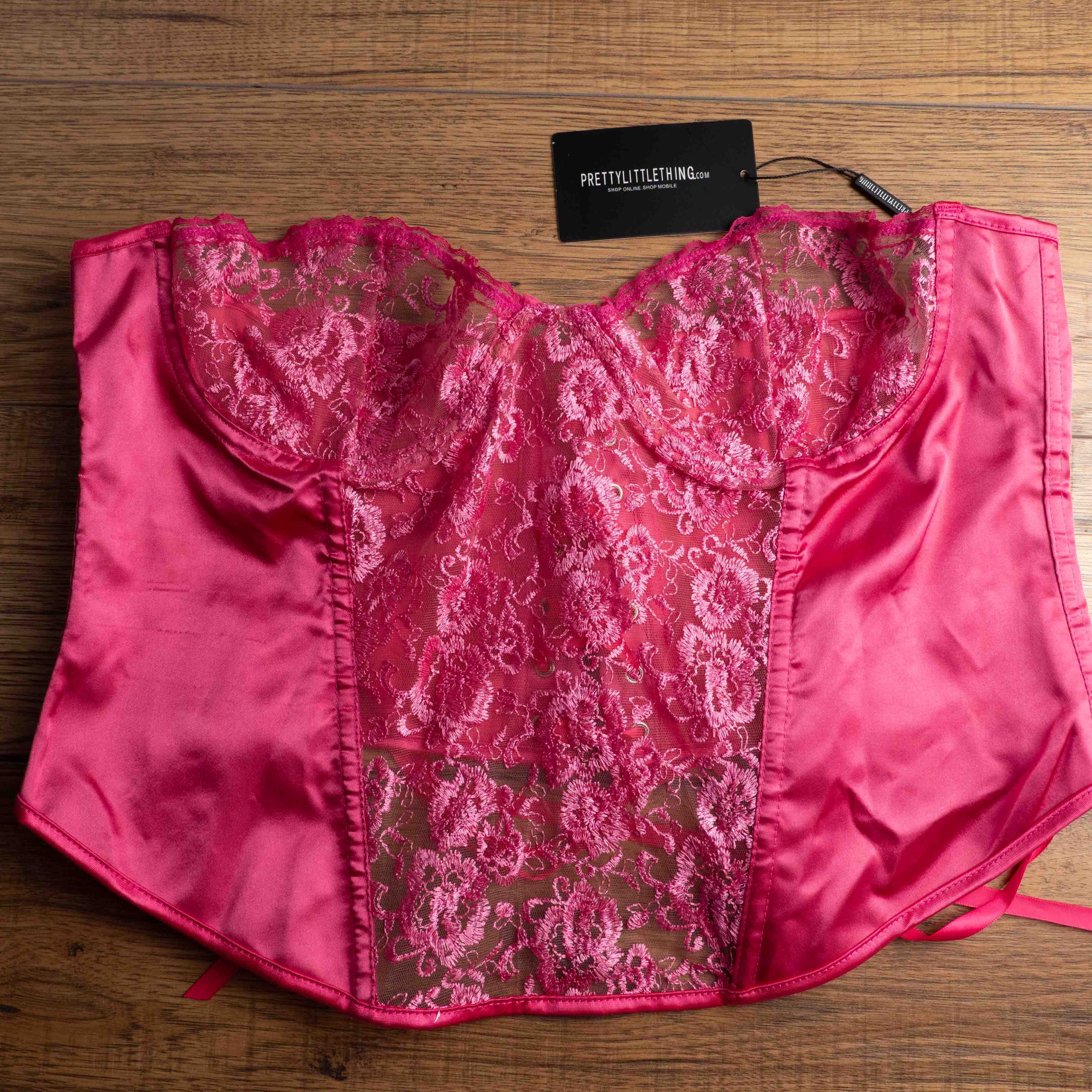 PrettyLittleThing Bustier Corset Top Pink Lace & Satin UK XXXL Pre-Owned image 6