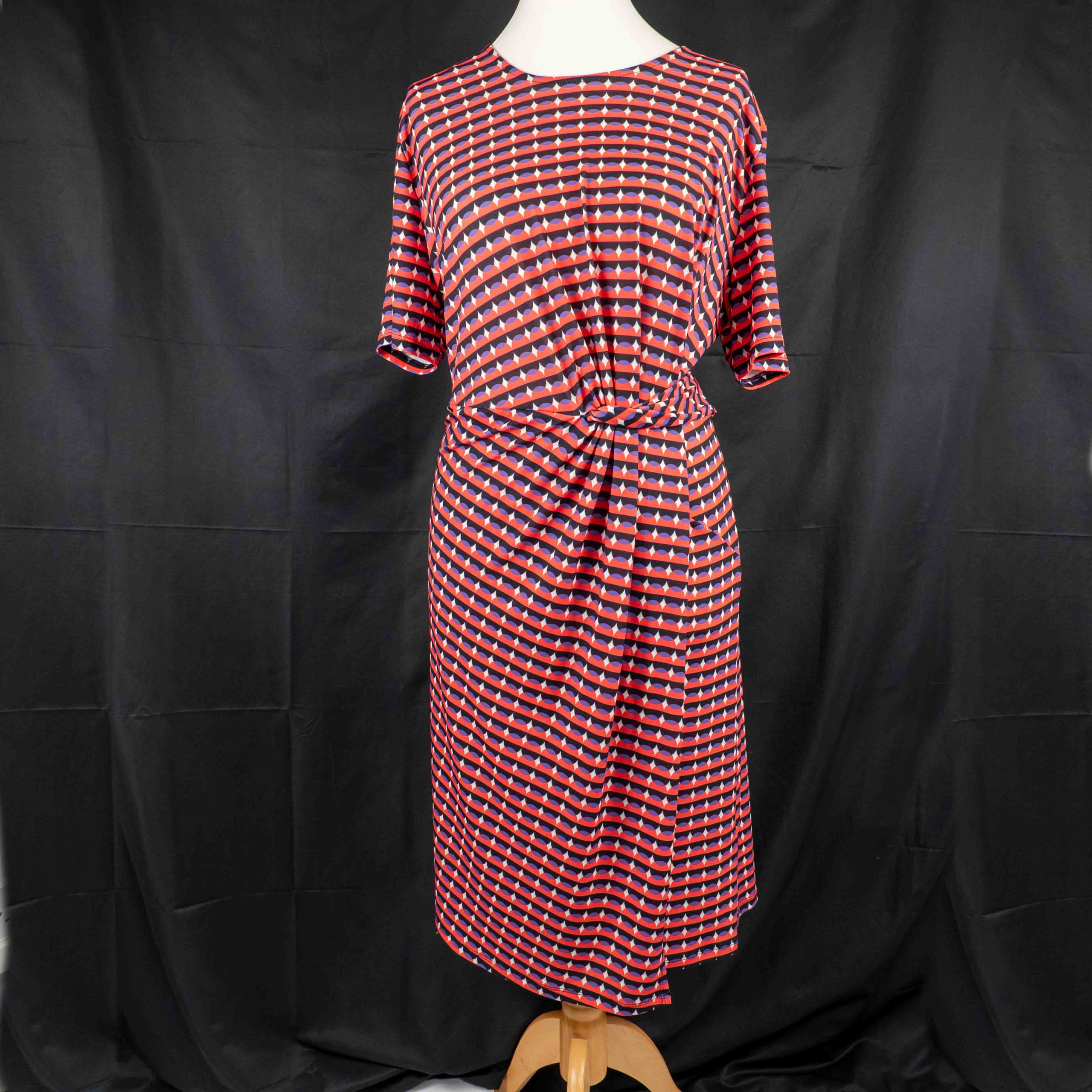 Kaleidoscope Midi Dress Red & Navy Patterned 20 Knot Detail Pre-Owned
