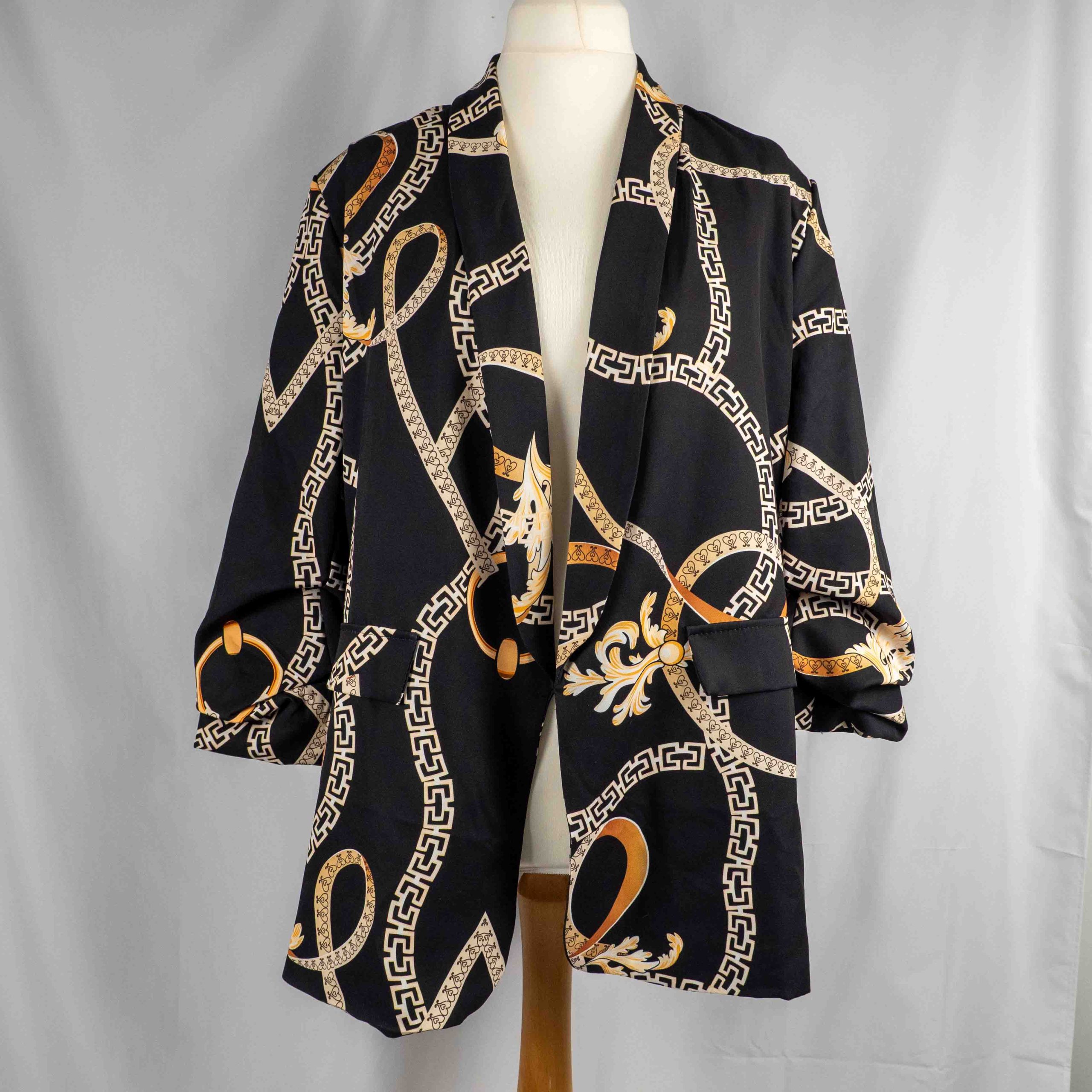 BooHoo Black & Beige Chain Print Blazer Jacket 18 Pre-Owned image 5