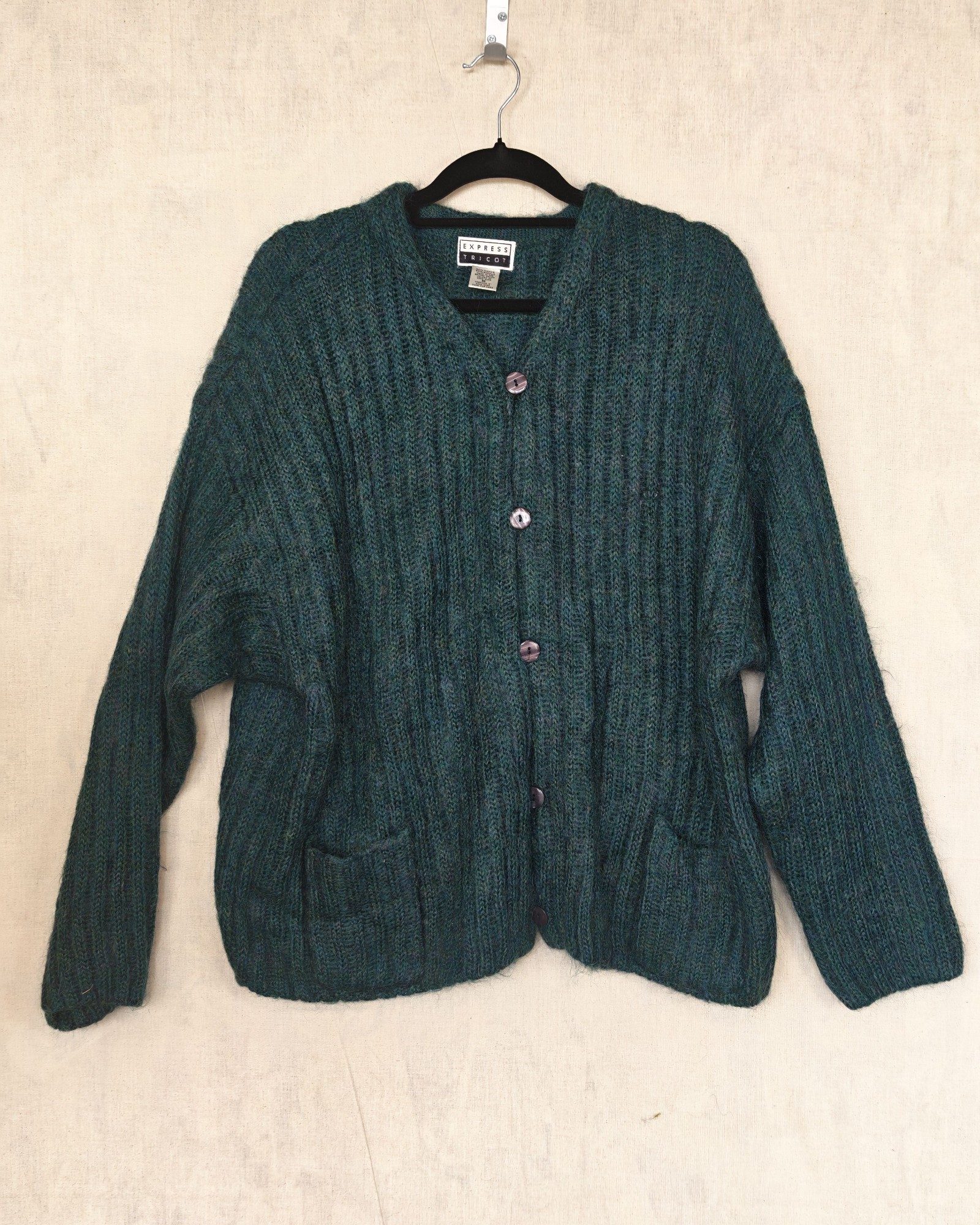 Express Tricot Green 50% Mohair 50% Acrylic blend Cardigan Medium Button Up