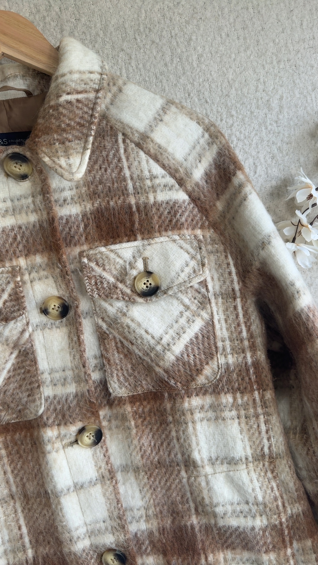 M&S Neutral Brown Check Wool Blend Jacket UK 12 Stylish Winter Layer image 5