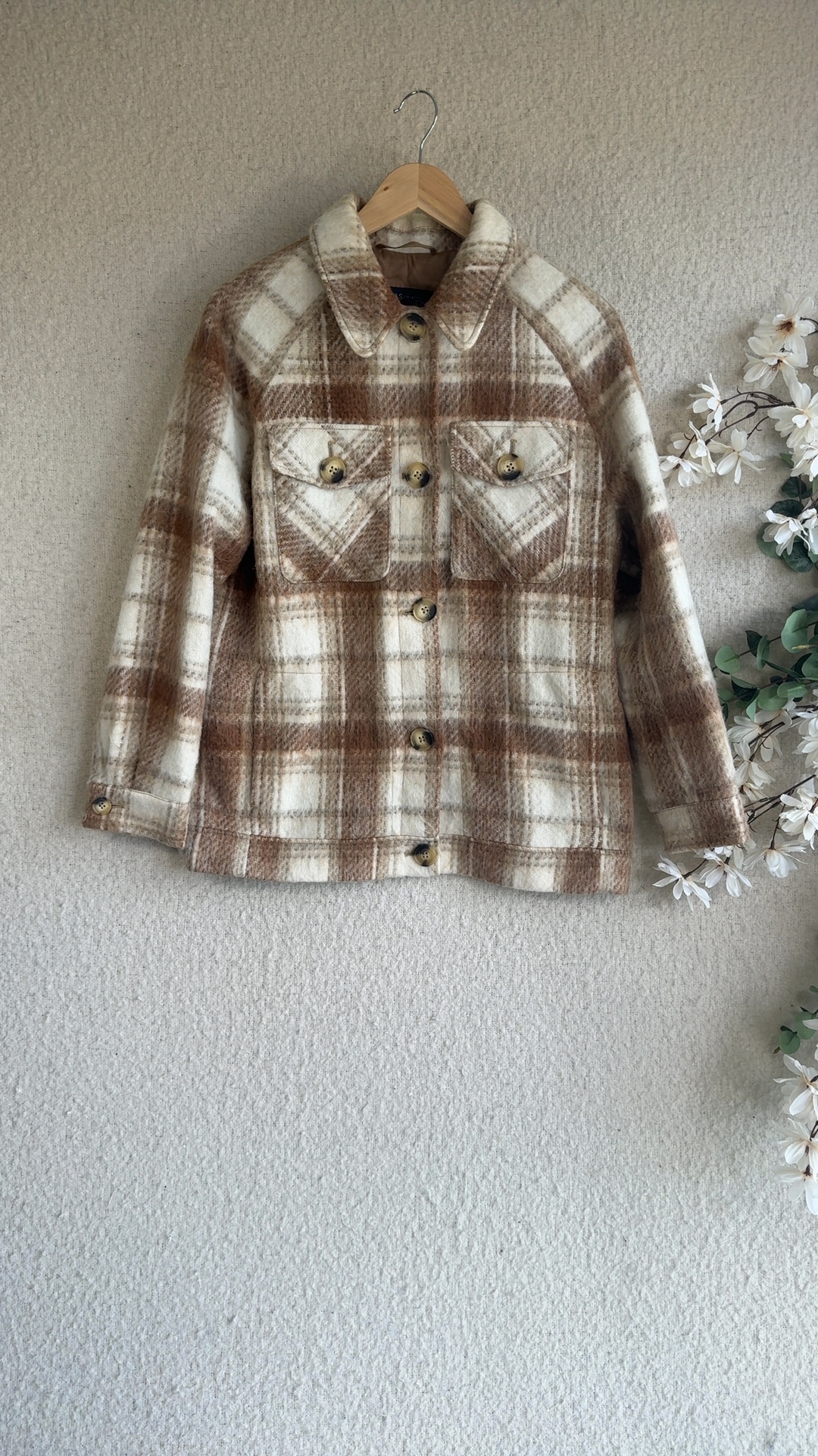M&S Neutral Brown Check Wool Blend Jacket UK 12 Stylish Winter Layer image 6