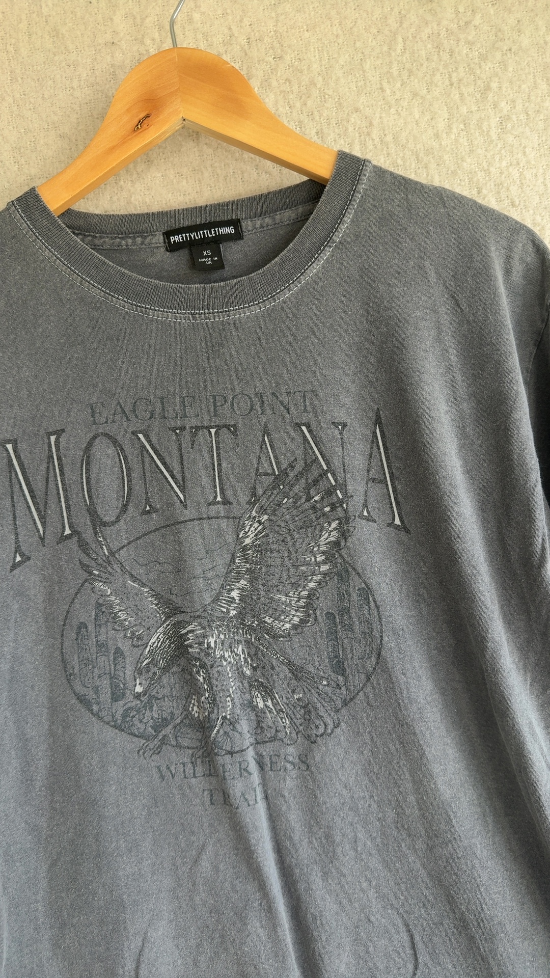 PrettyLittleThing Grey Eagle Point Montana Graphic T-Shirt UK XS Vintage Style image 2
