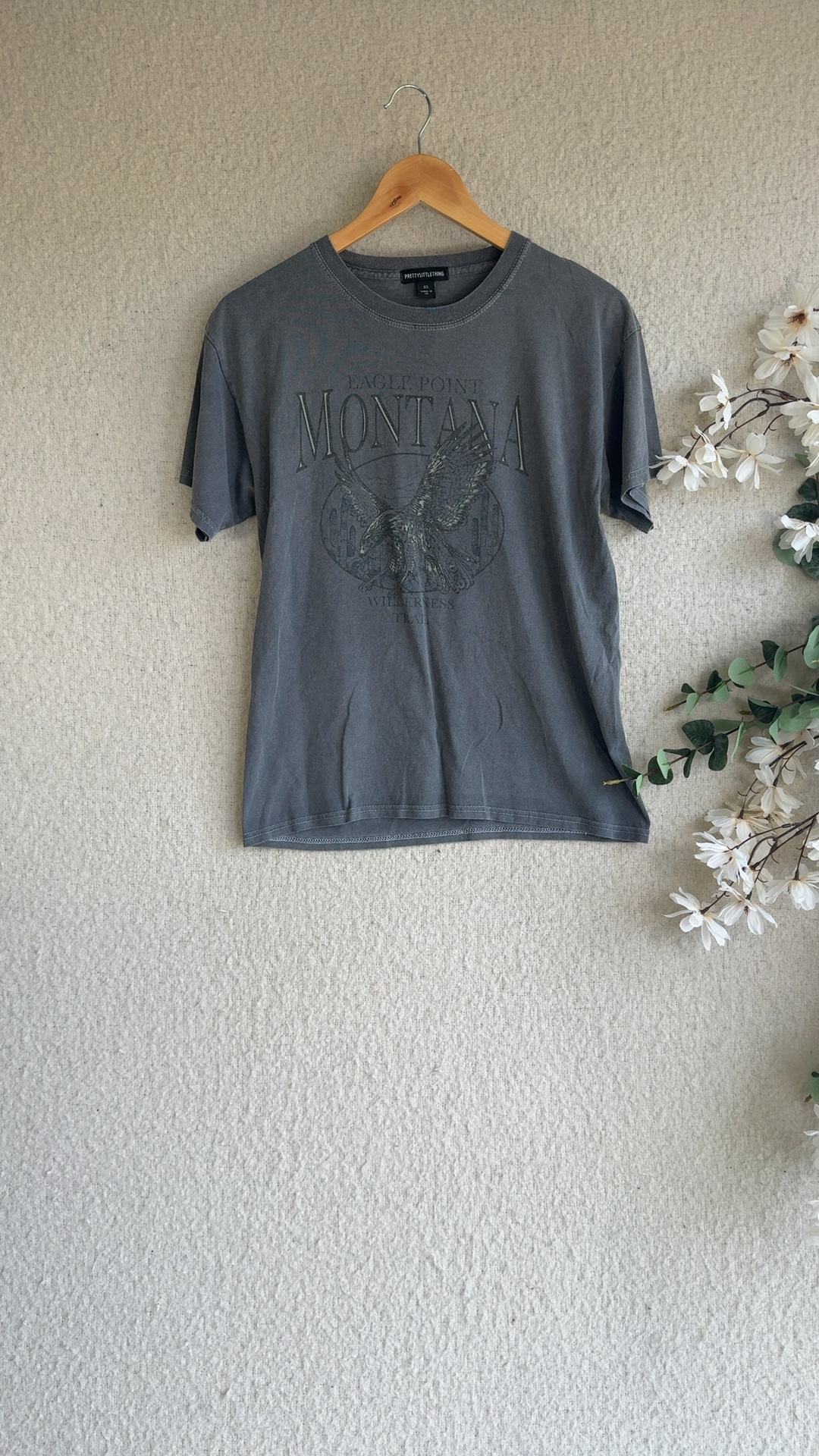 PrettyLittleThing Grey Eagle Point Montana Graphic T-Shirt UK XS Vintage Style