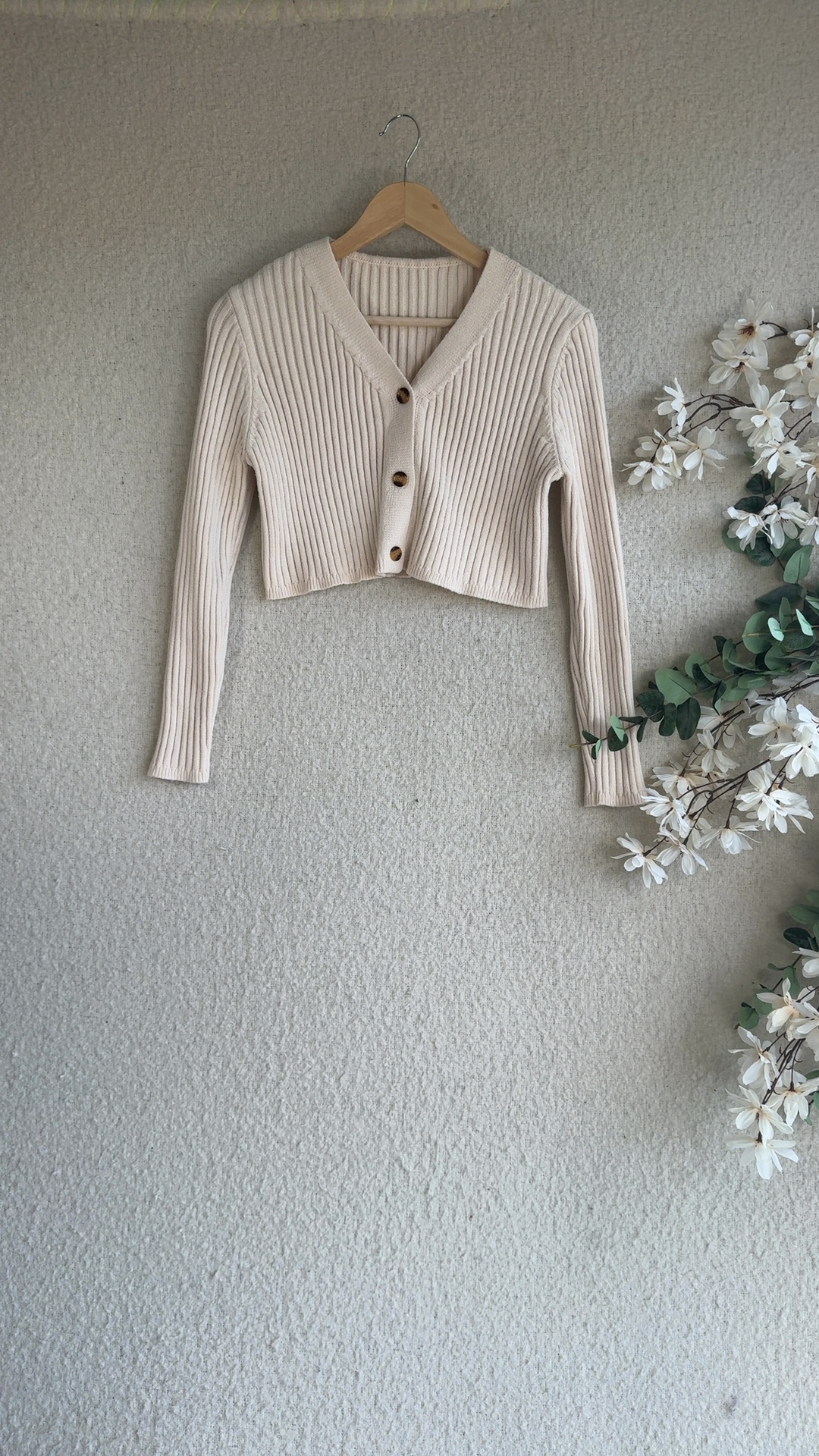 Shein Beige Ribbed Knit Cardigan Medium Long Sleeve Cropped Chic
