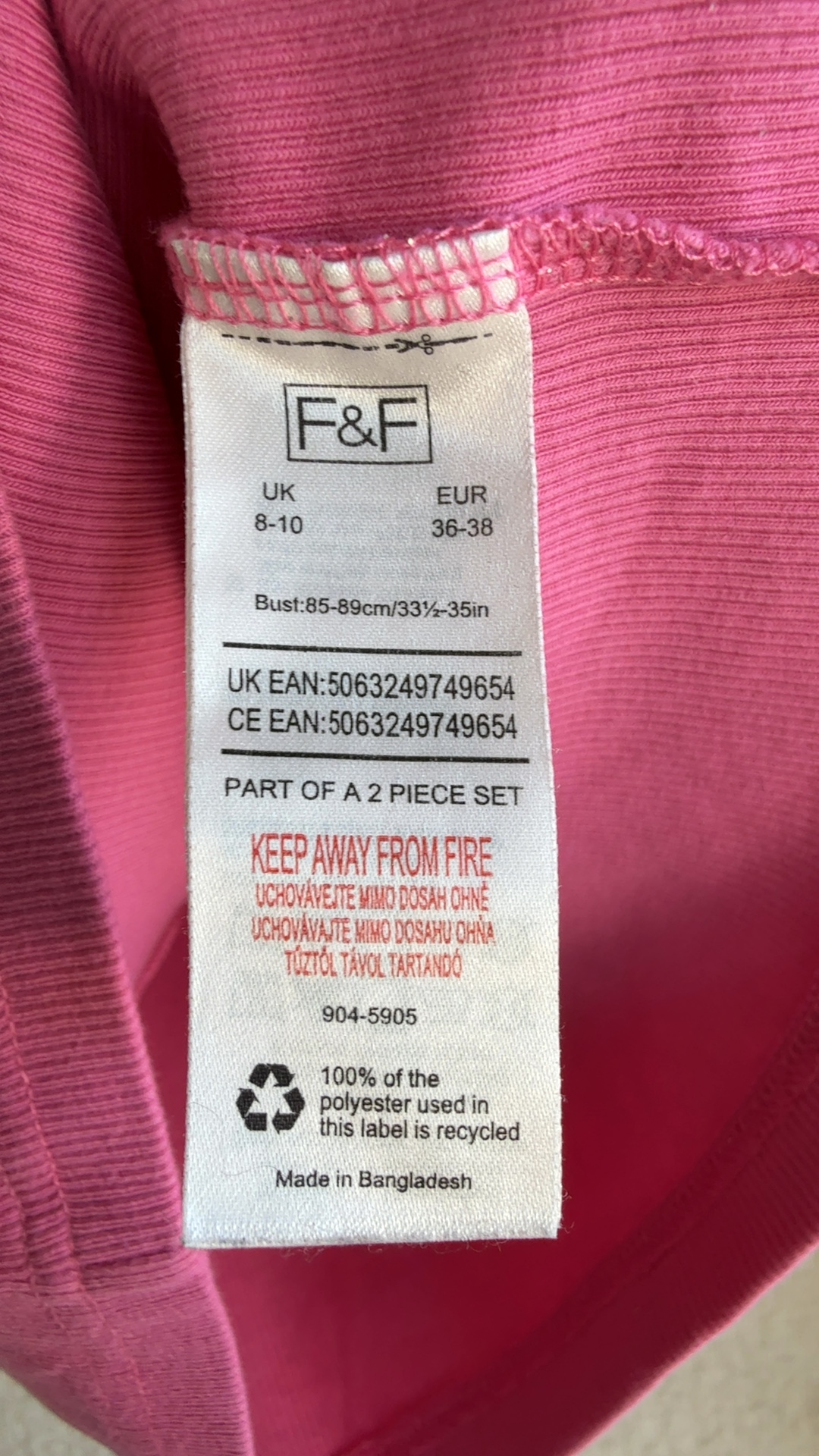 F&F Pink Ribbed Tank Top UK 8-10 Cotton Elastane Summer Casual Vest image 6