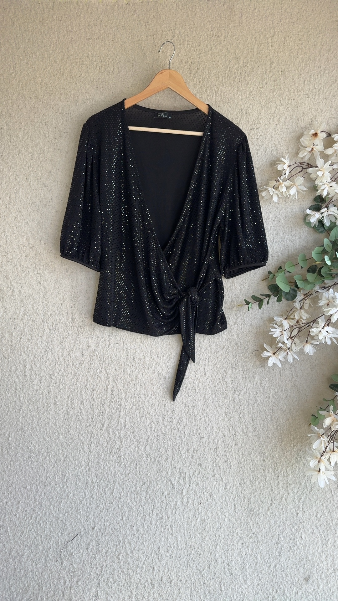Essentials by Et Vous Black Sequin Wrap Top UK 20 Sparkly Partywear