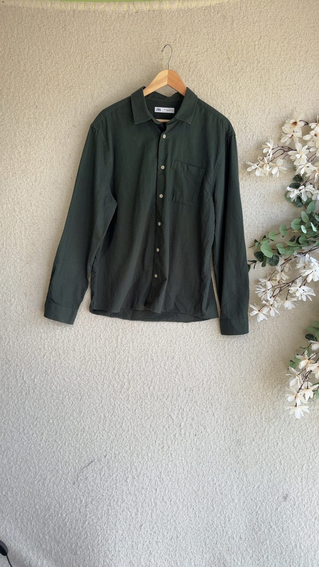Zara Dark Green Cotton Long Sleeve Shirt Large UK 16 Classic Casual Button-Up