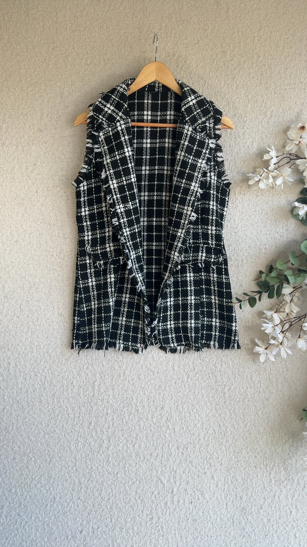 Shein Black & White Checked Sleeveless Tweed Vest UK Small Chic Stylish
