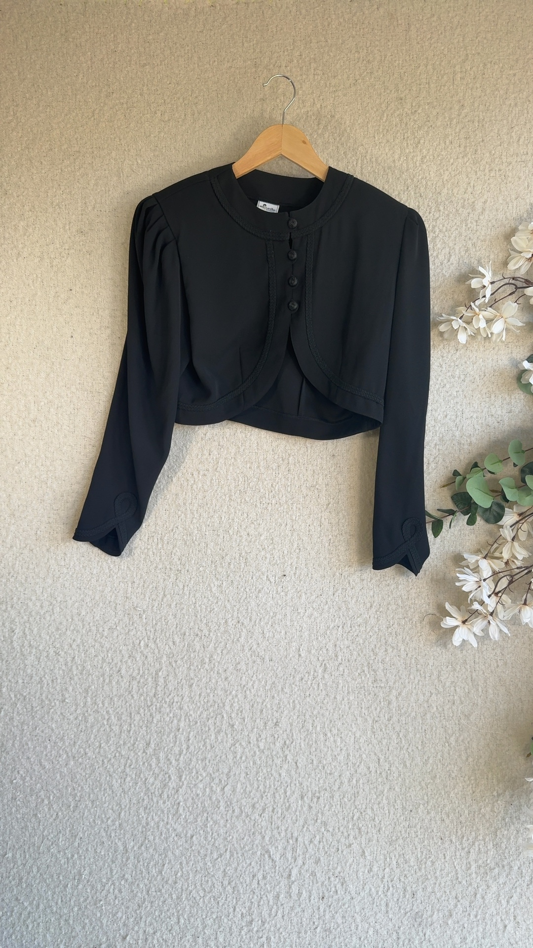 Elmette Design Black Cropped Jacket UK 10 100% Polyester Stylish Buttons This Elinette Design cropped