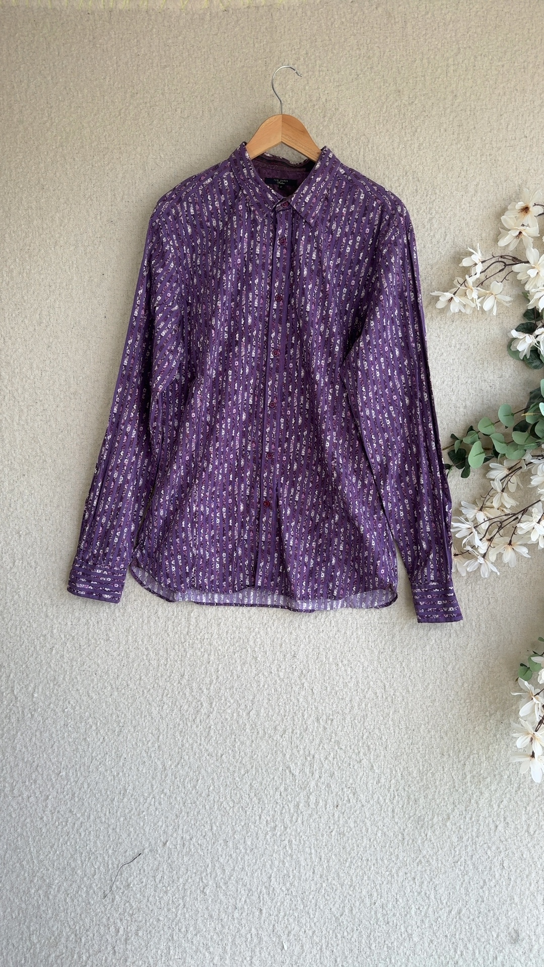 Ted Baker Purple Floral Pattern Shirt UK 17 Button Up Long Sleeve