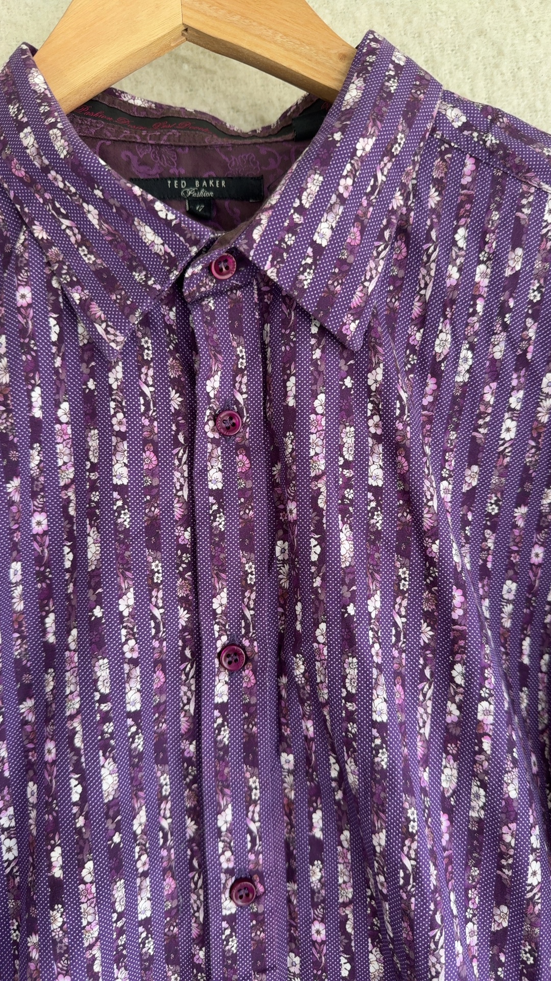 Ted Baker Purple Floral Pattern Shirt UK 17 Button Up Long Sleeve image 3