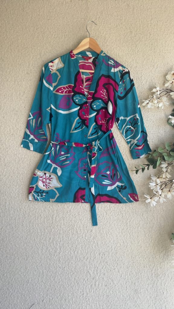 Monsoon Teal Pink Floral Cotton Shirt Dress UK 12 Casual Stylish Summer Wear